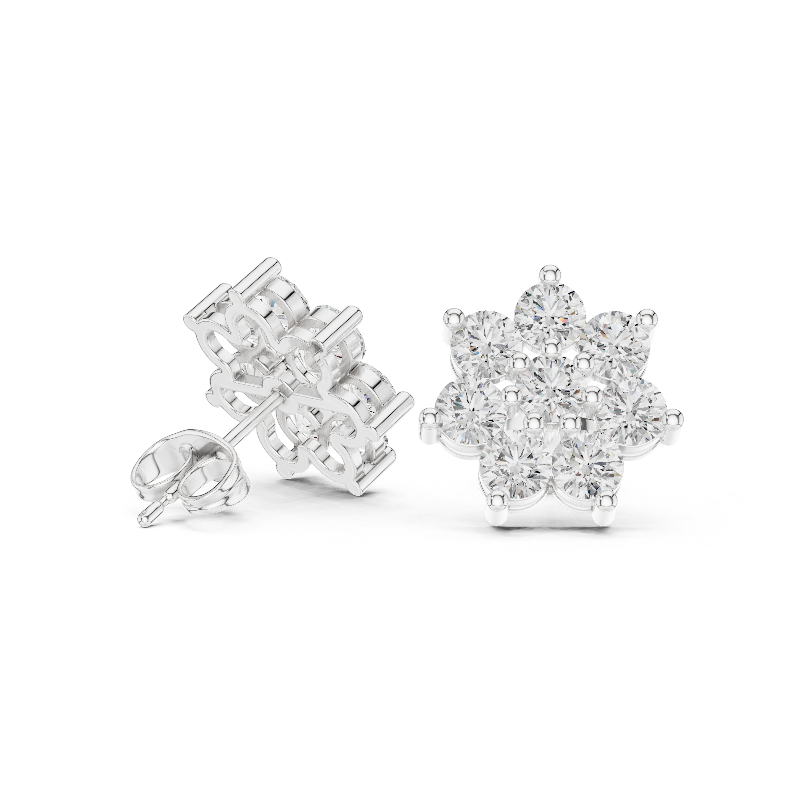 Close-up of round cut diamond floral cluster stud earrings detail