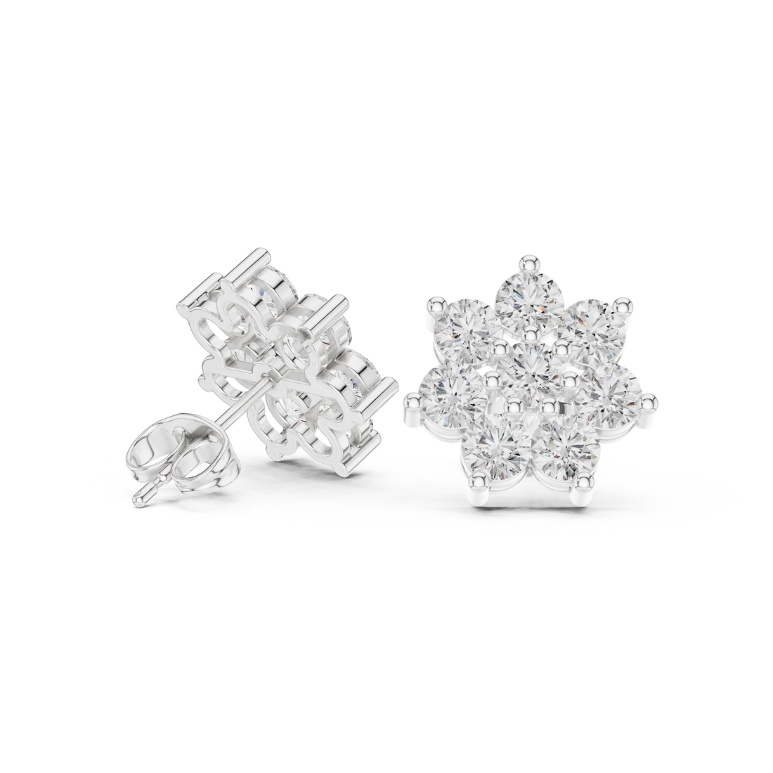 Close-up of round cut diamond floral cluster stud earrings detail