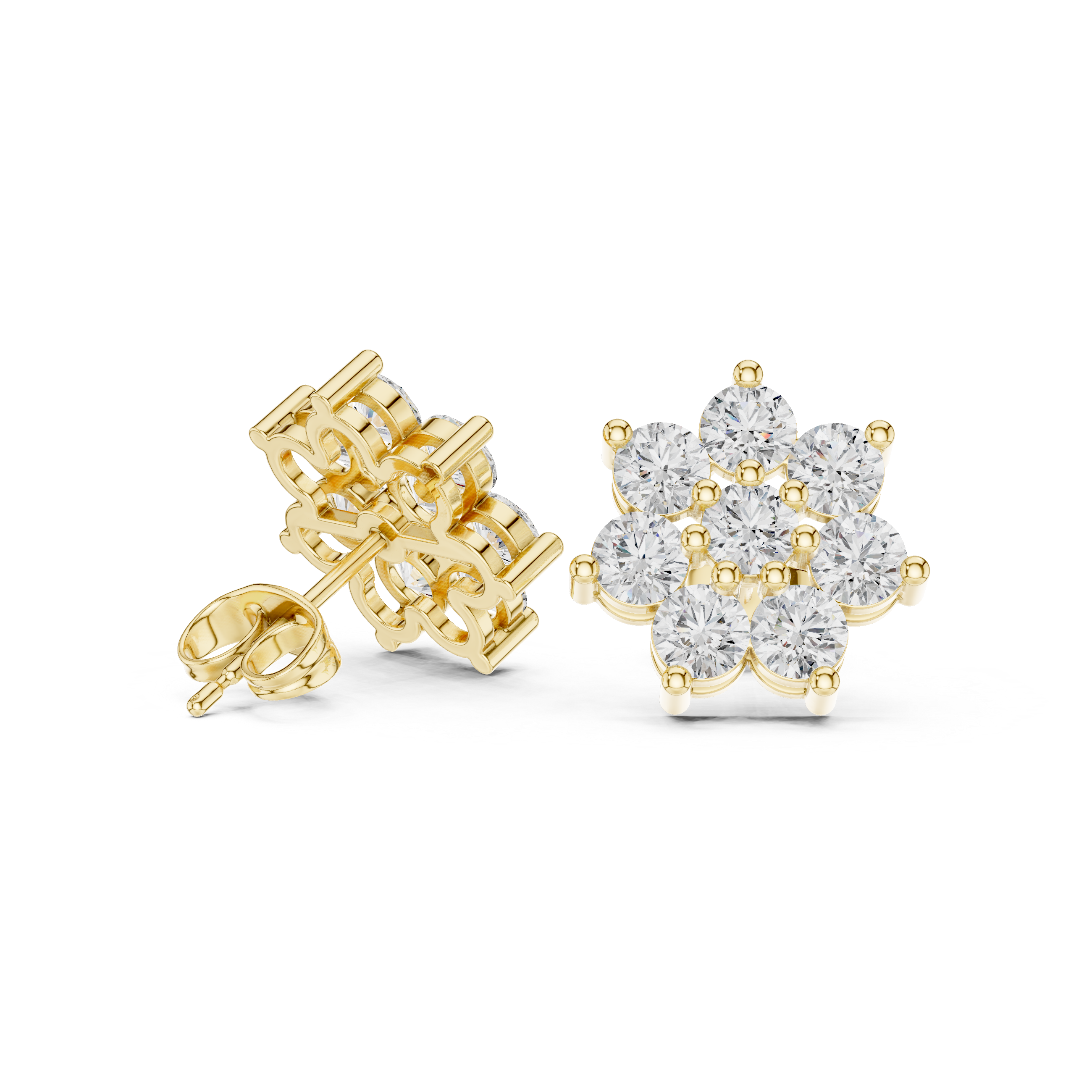 Premium round diamond floral cluster stud earrings modern design