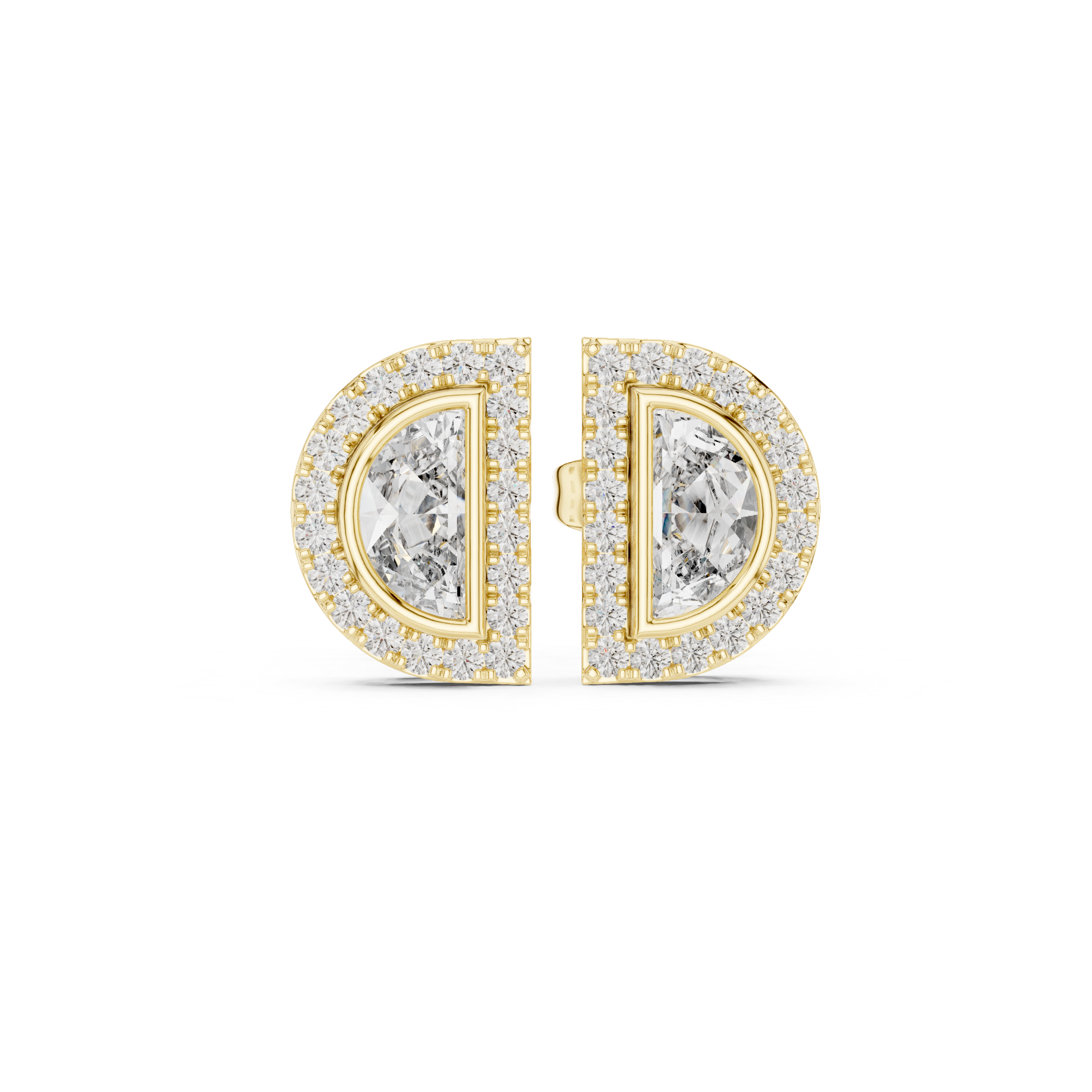 High shine half moon diamond halo semi circle stud earrings