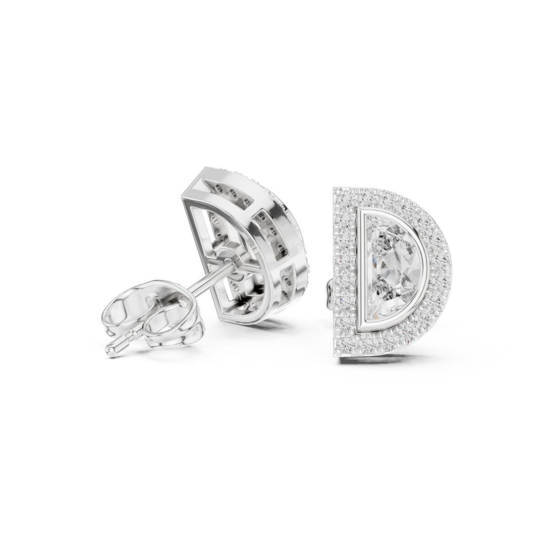 Close-up of half moon diamond halo semi circle stud earrings detail