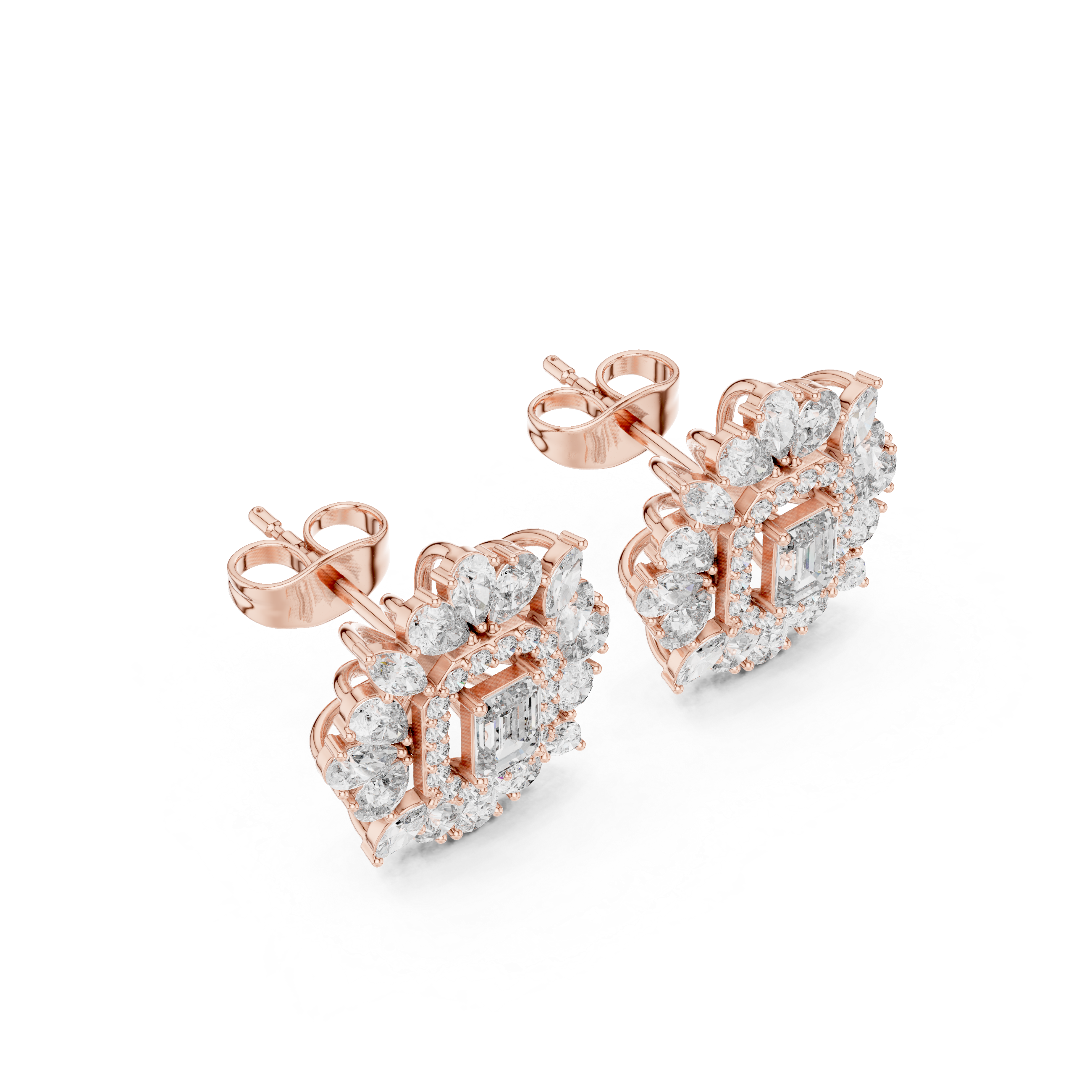 Floral cluster stud earrings with emerald cut diamond halo marquise and pear accents