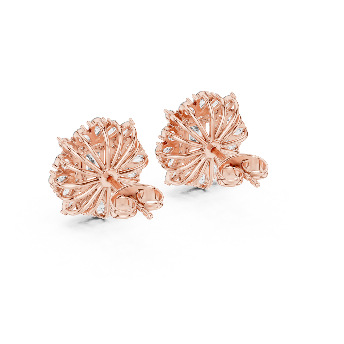 Elegant emerald cut diamond halo floral stud earrings with marquise and pear details