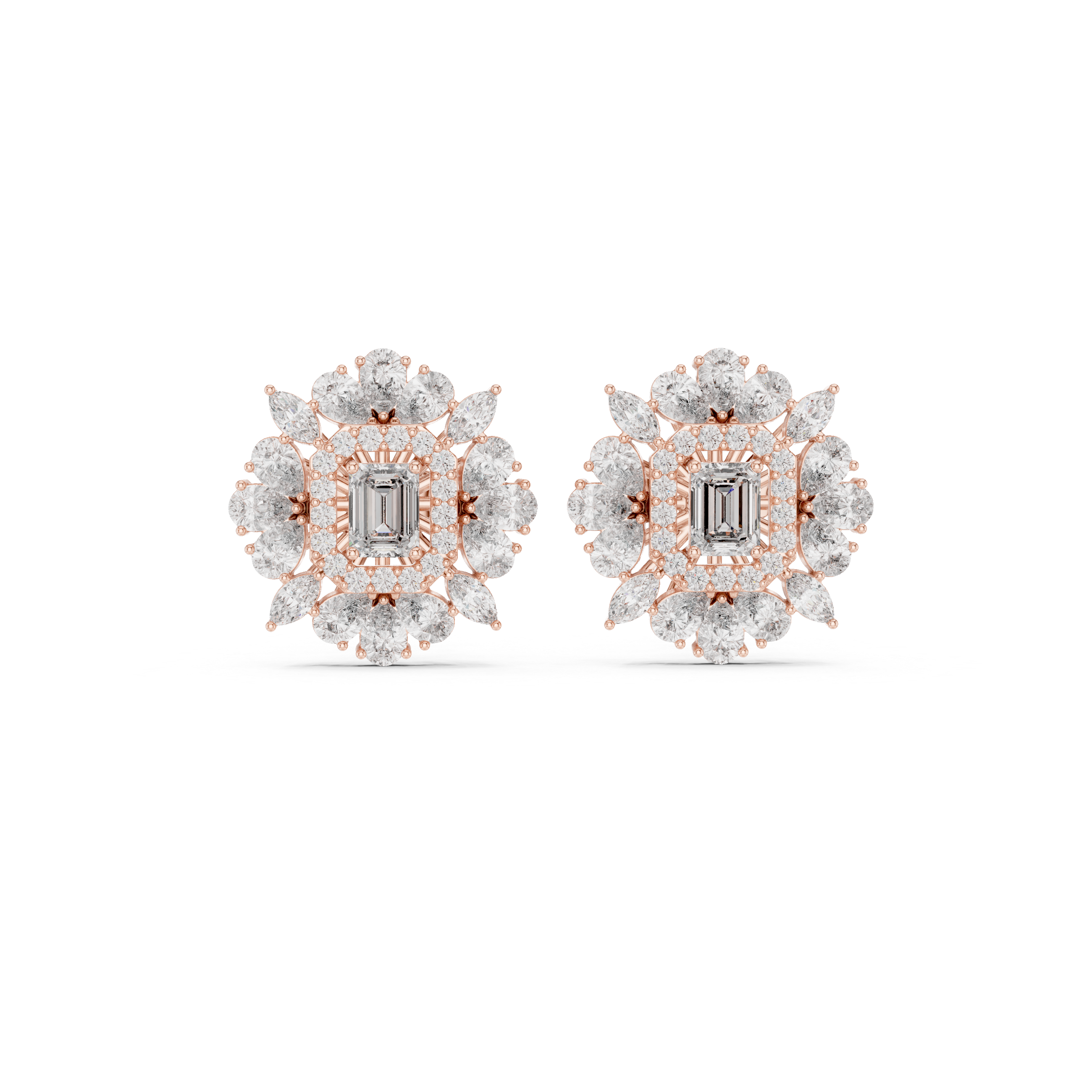 Emerald cut diamond halo floral cluster stud earrings with marquise and pear accents