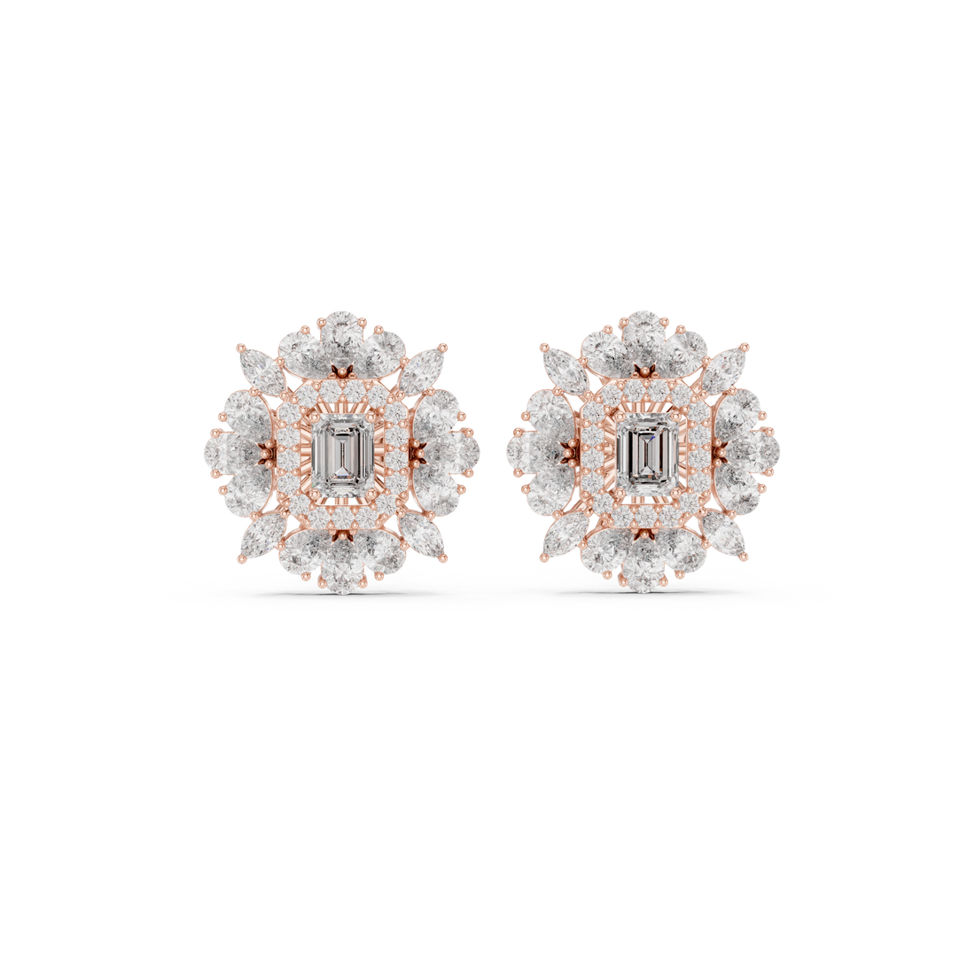 Emerald cut diamond halo floral cluster stud earrings with marquise and pear accents