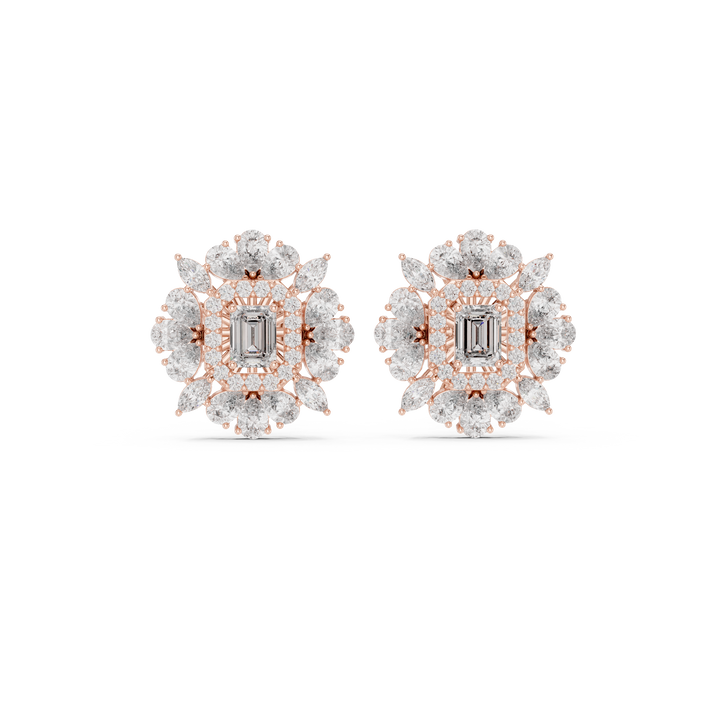 Emerald cut diamond halo floral cluster stud earrings with marquise and pear accents