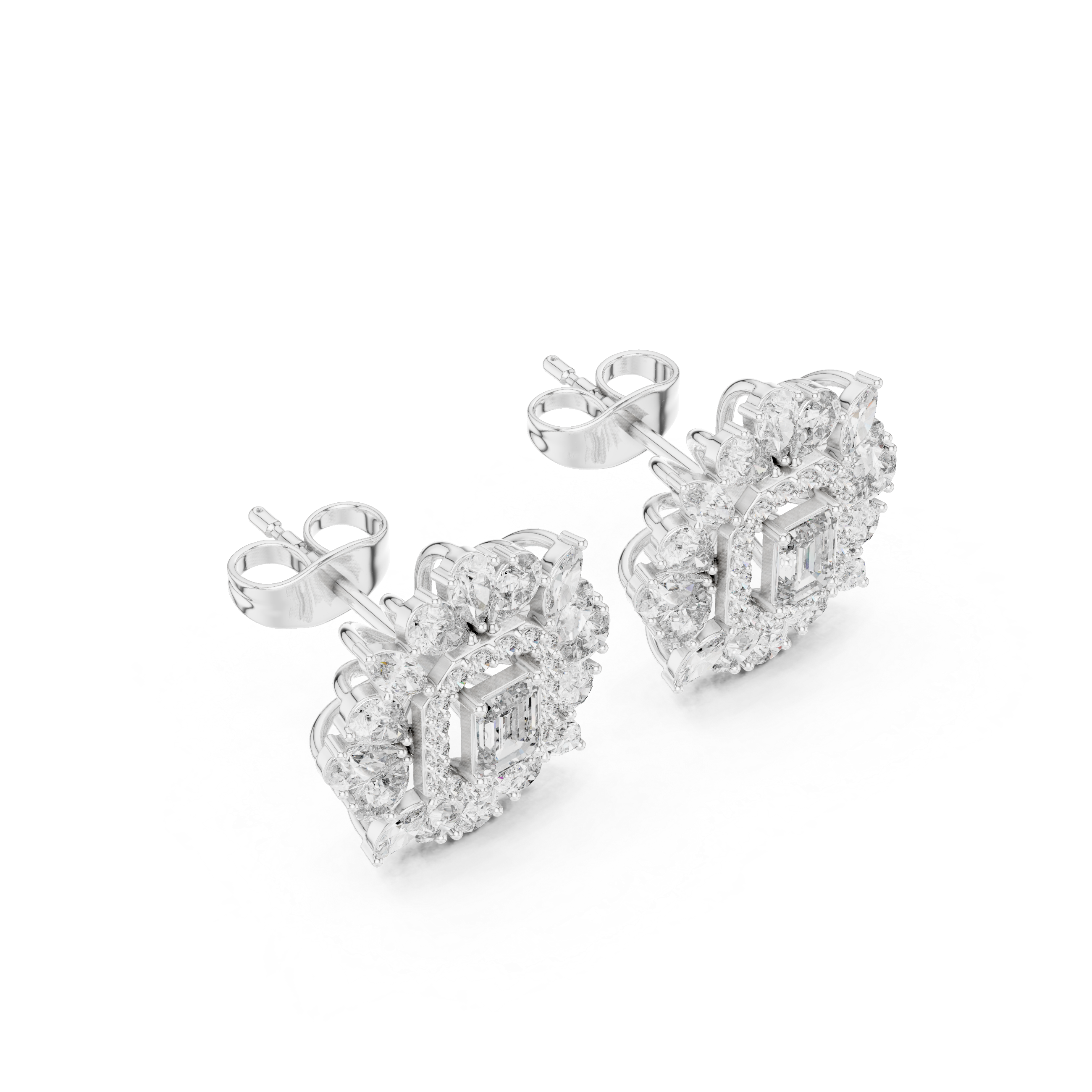 Sparkling emerald cut diamond halo cluster stud earrings close-up floral design