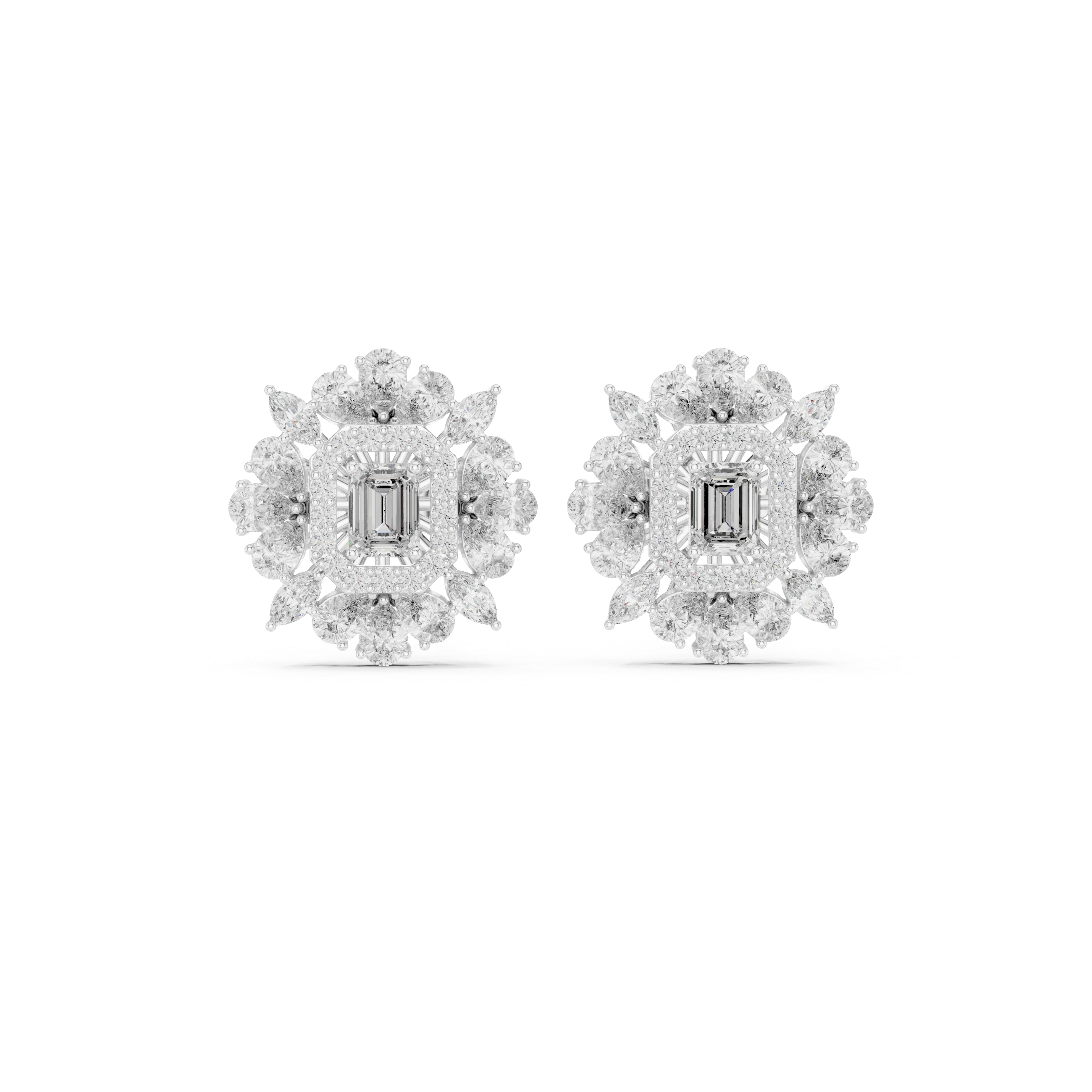 Fine jewelry emerald cut diamond halo floral cluster stud earrings product shot