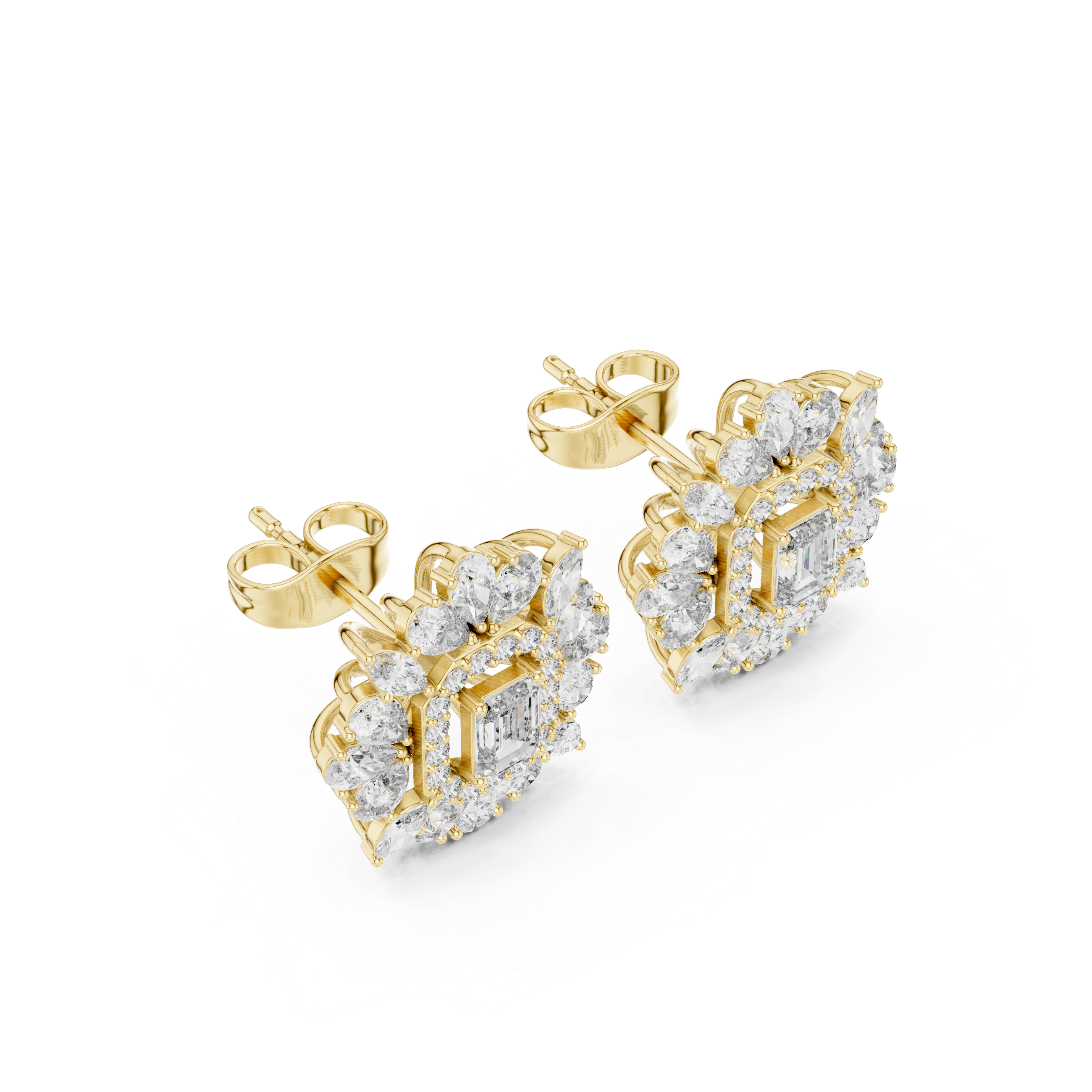 Brilliant emerald cut diamond halo floral earrings with marquise and pear accents
