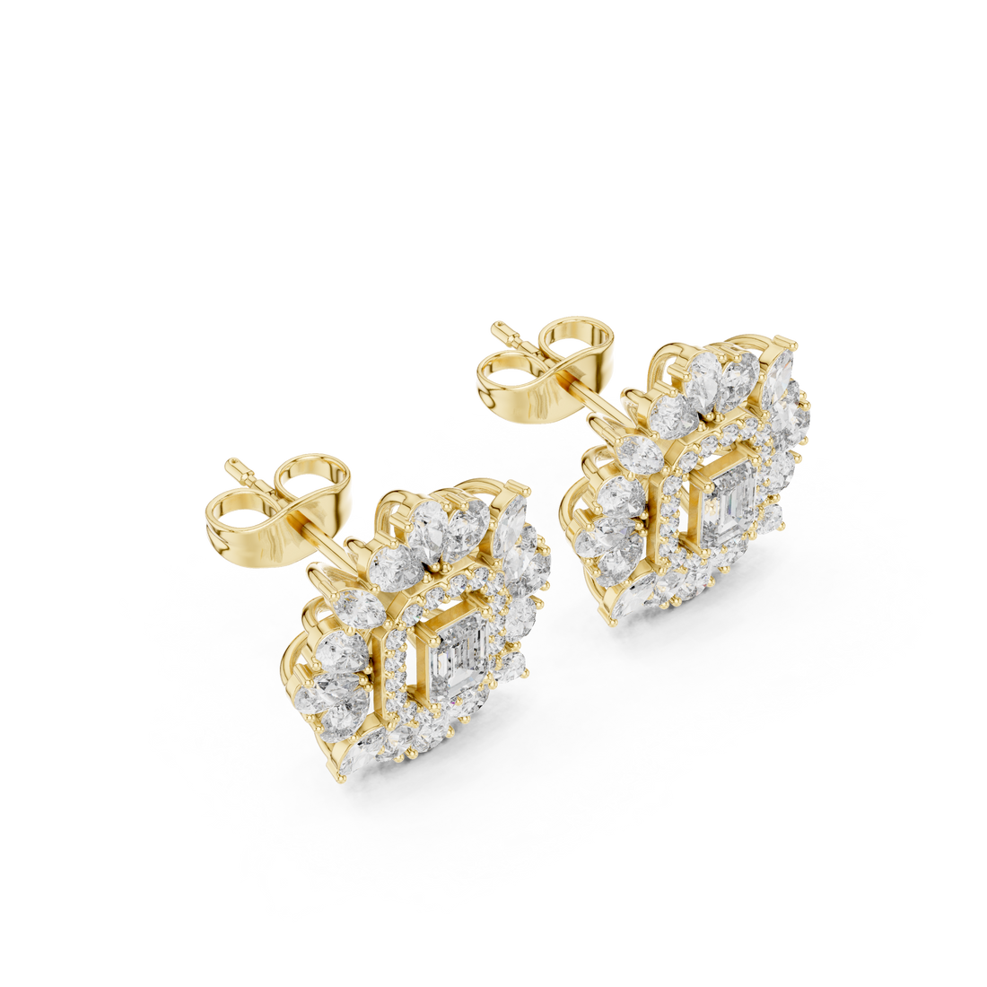 Brilliant emerald cut diamond halo floral earrings with marquise and pear accents