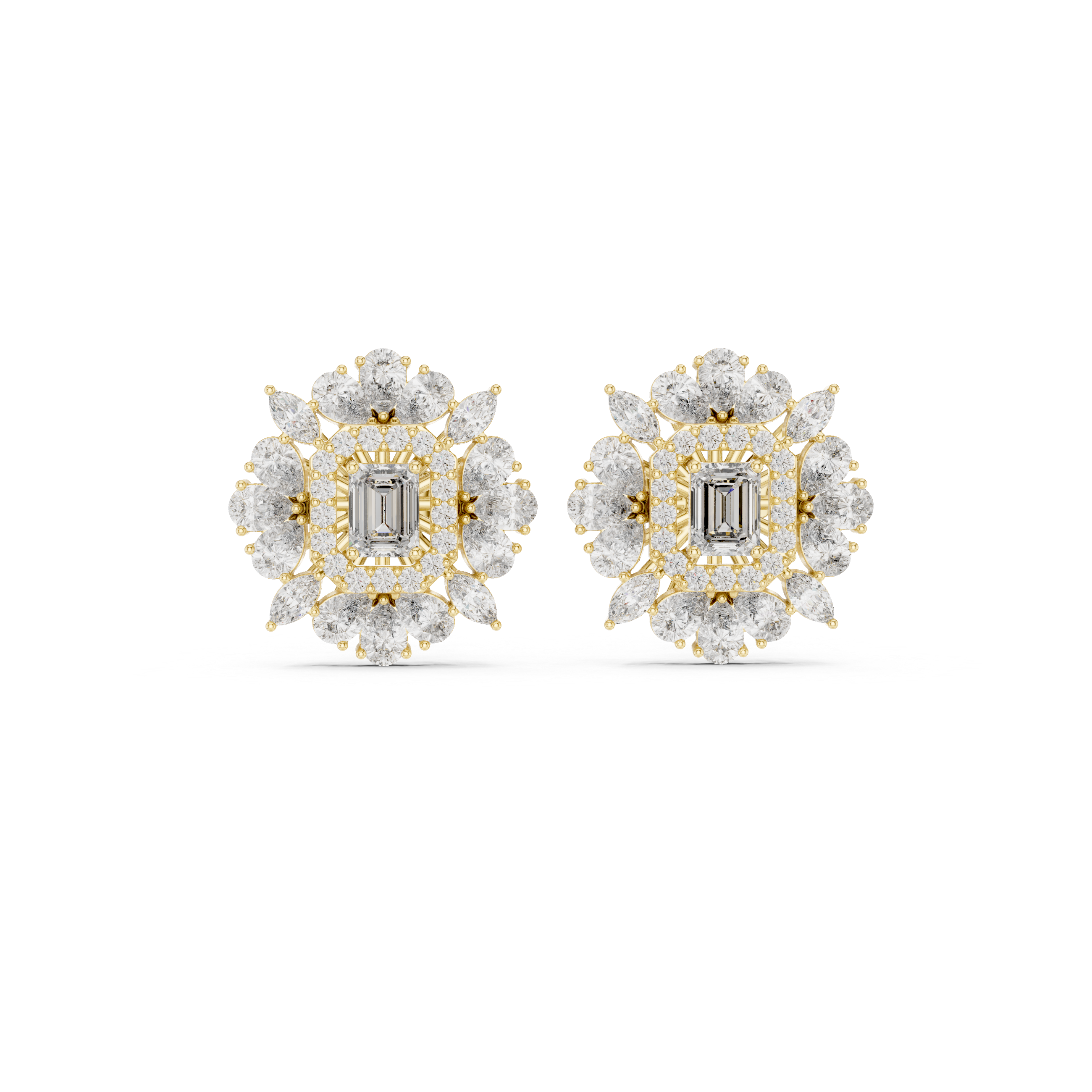 High shine emerald cut diamond halo floral stud earrings marquise pear accents