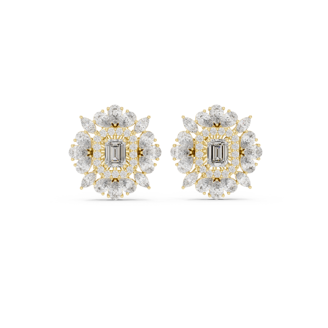 High shine emerald cut diamond halo floral stud earrings marquise pear accents