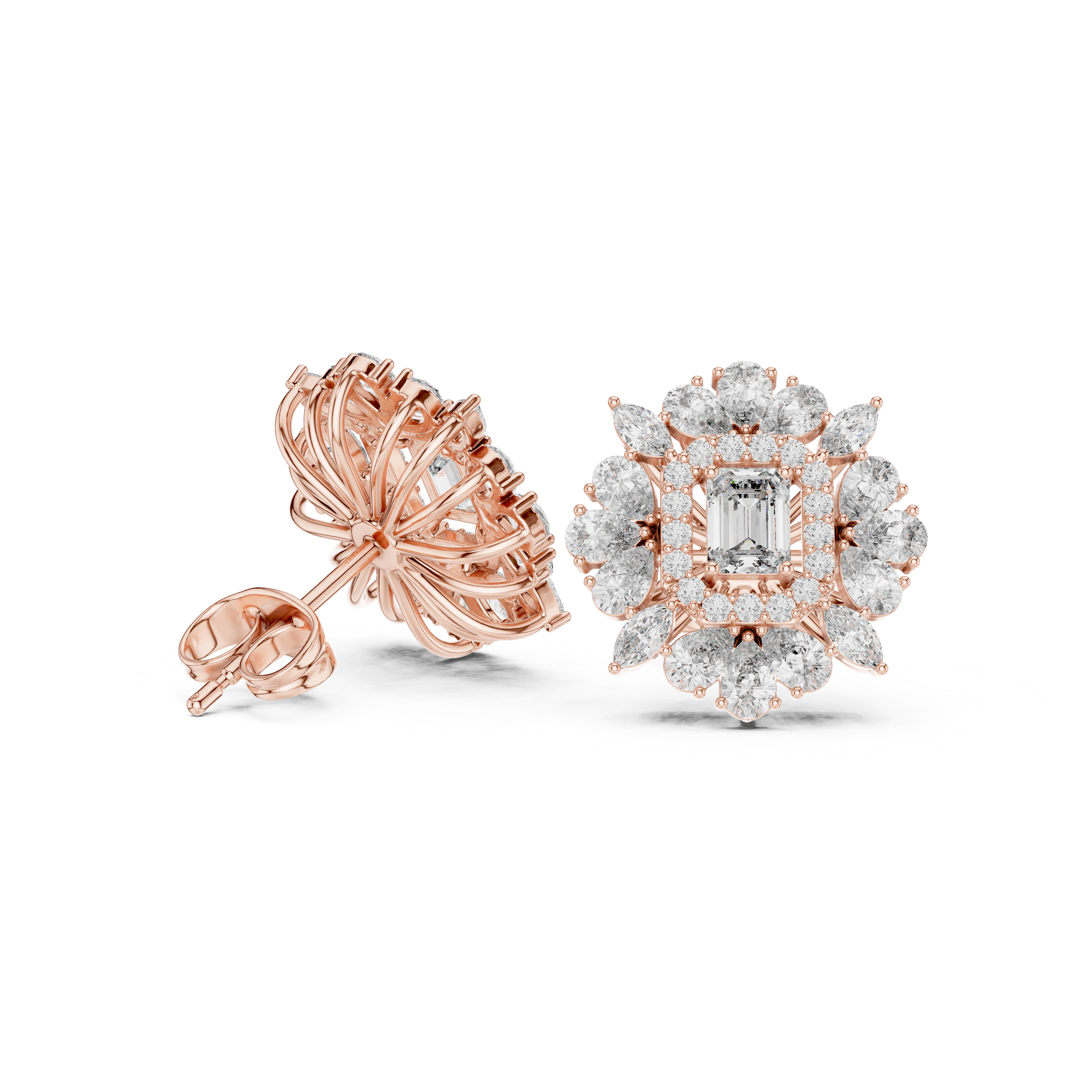 Timeless emerald cut diamond floral halo cluster stud earrings elegant look