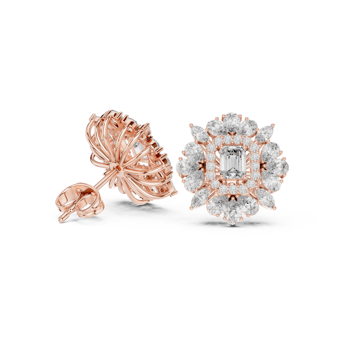 Timeless emerald cut diamond floral halo cluster stud earrings elegant look