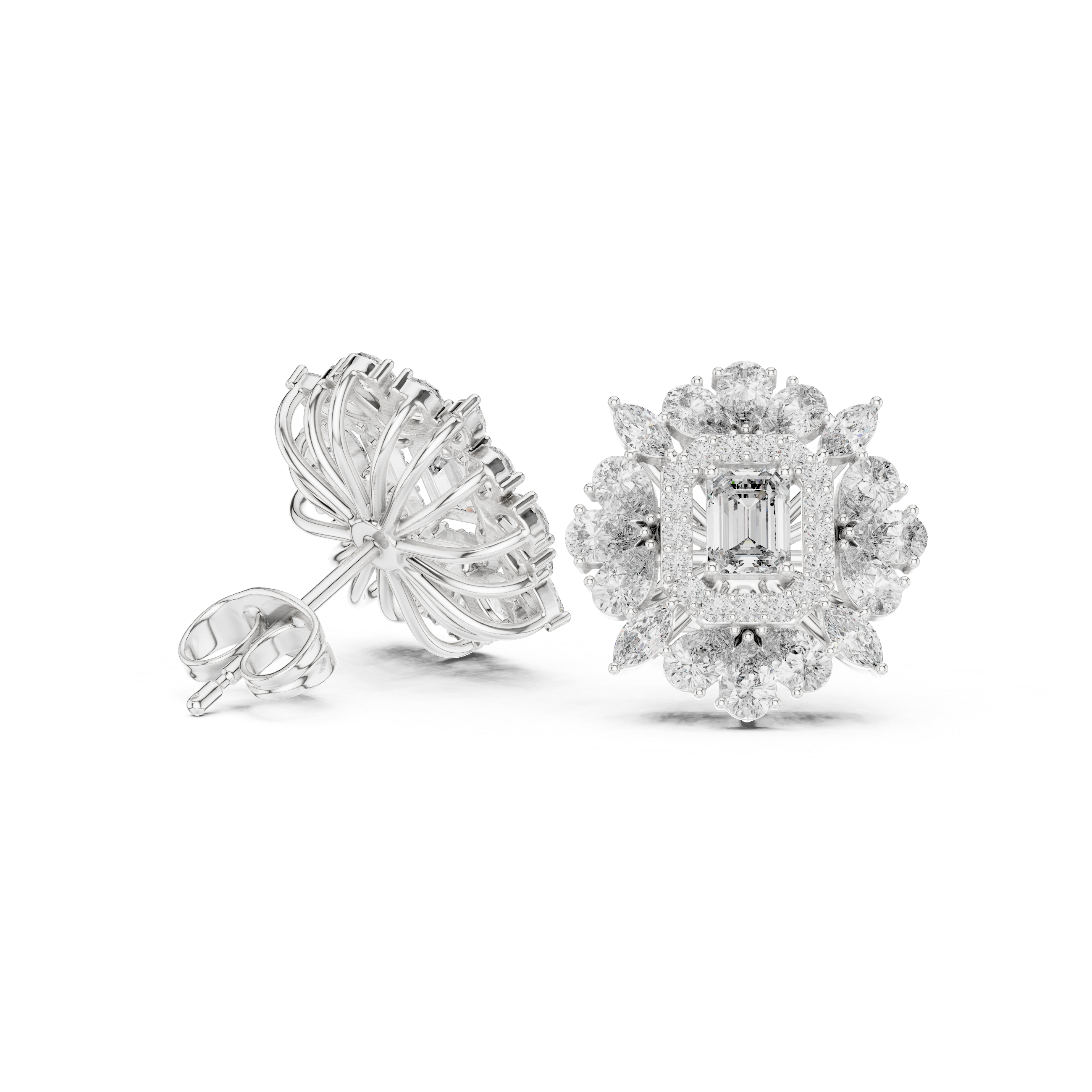 Close-up of emerald cut diamond halo floral cluster stud earrings detail