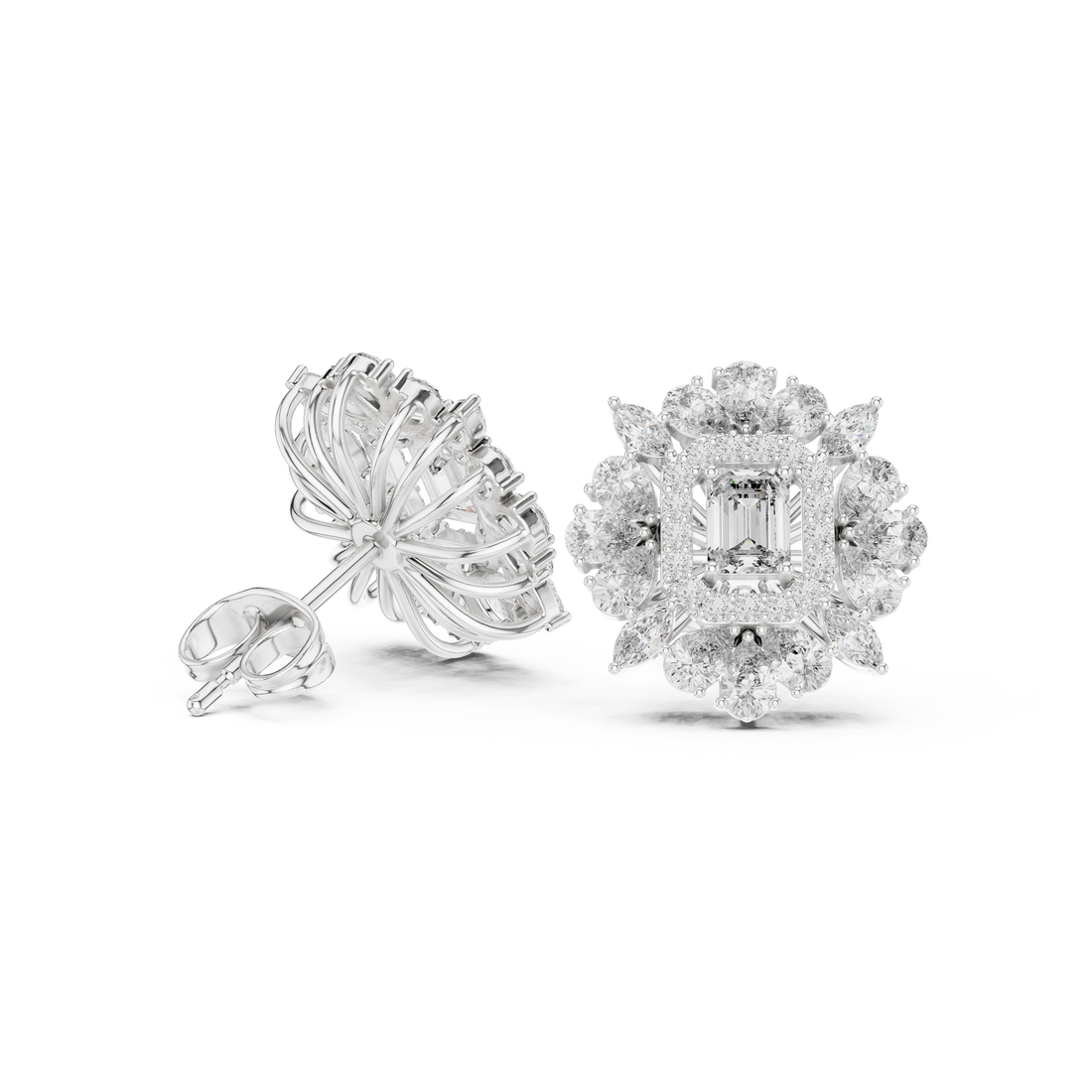Close-up of emerald cut diamond halo floral cluster stud earrings detail