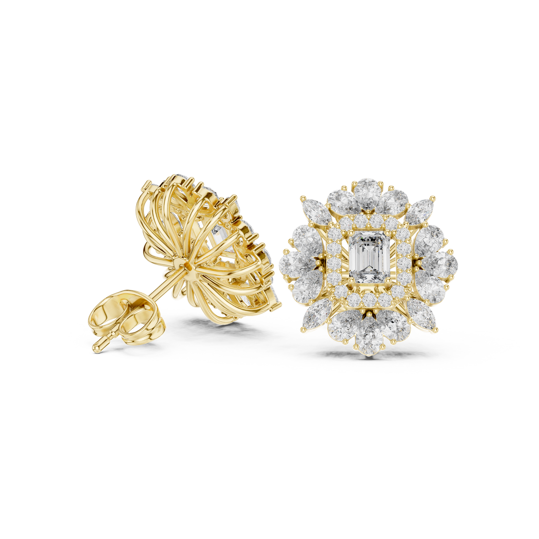 Premium emerald cut diamond halo floral cluster stud earrings modern design