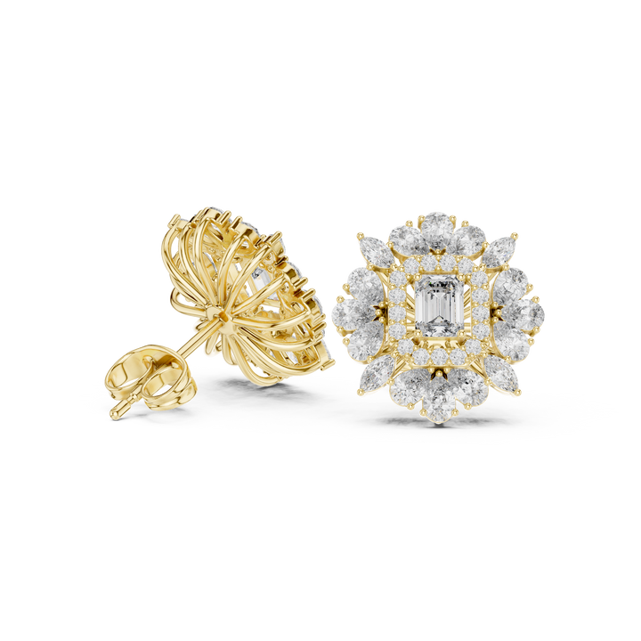 Premium emerald cut diamond halo floral cluster stud earrings modern design