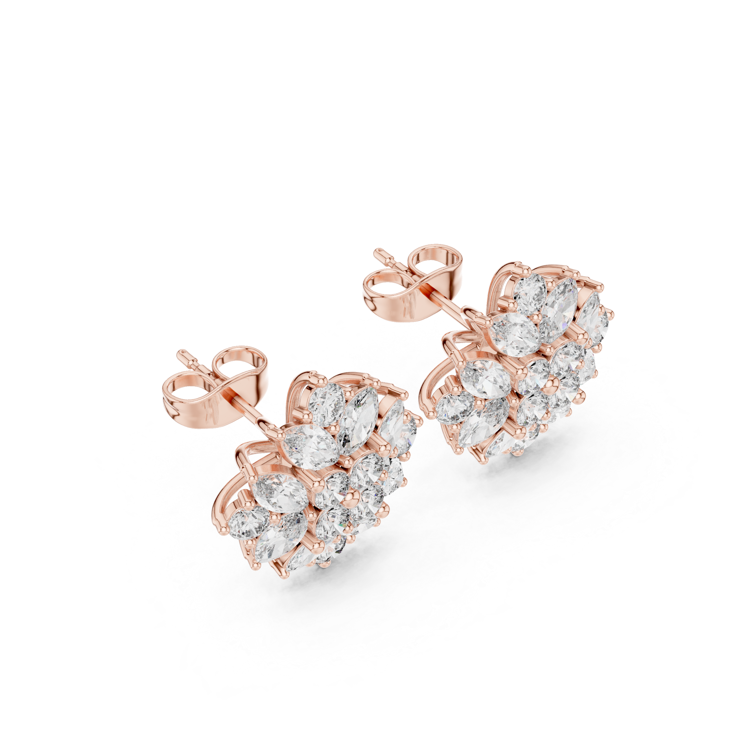 Floral cluster stud earrings with marquise and round cut diamonds