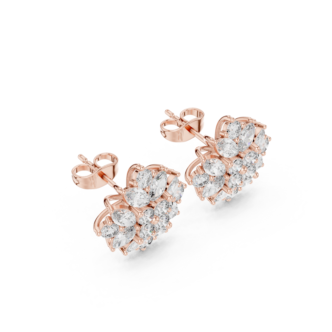 Floral cluster stud earrings with marquise and round cut diamonds