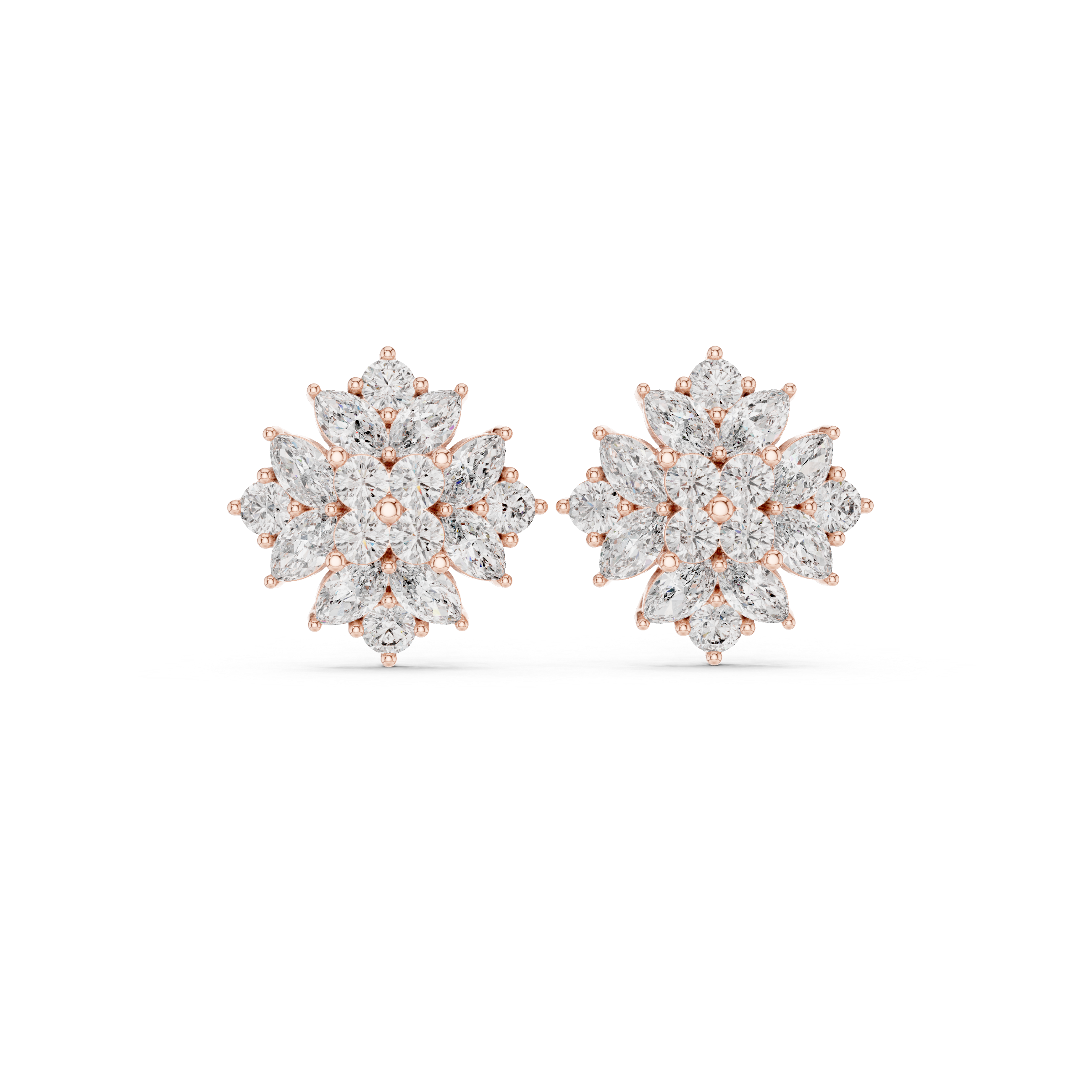 Marquise and round cut diamond floral cluster stud earrings