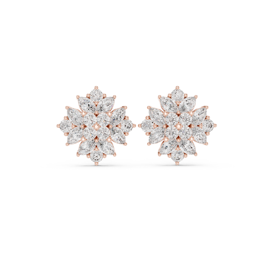Marquise and round cut diamond floral cluster stud earrings