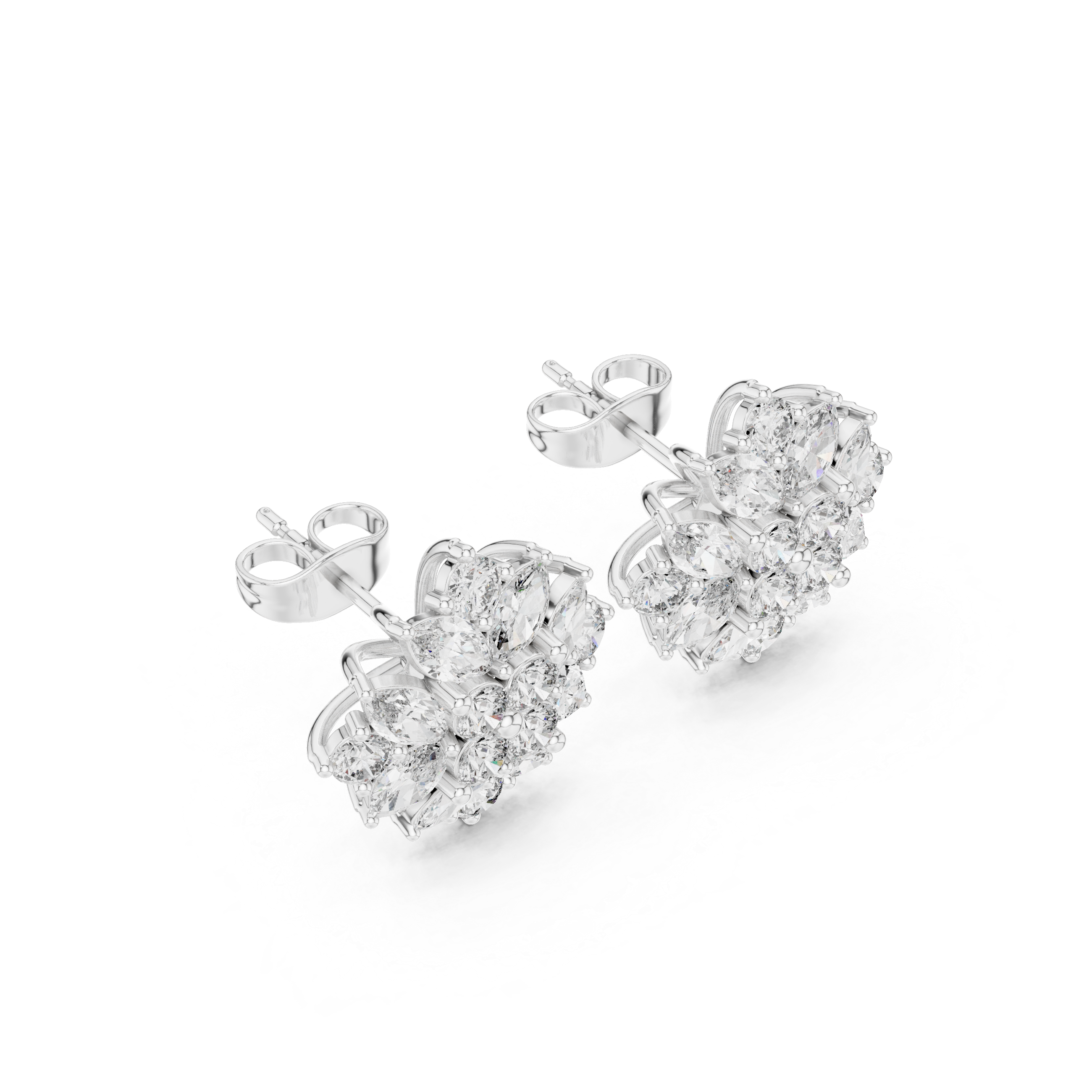 Sparkling marquise and round cut diamond floral stud earrings close-up