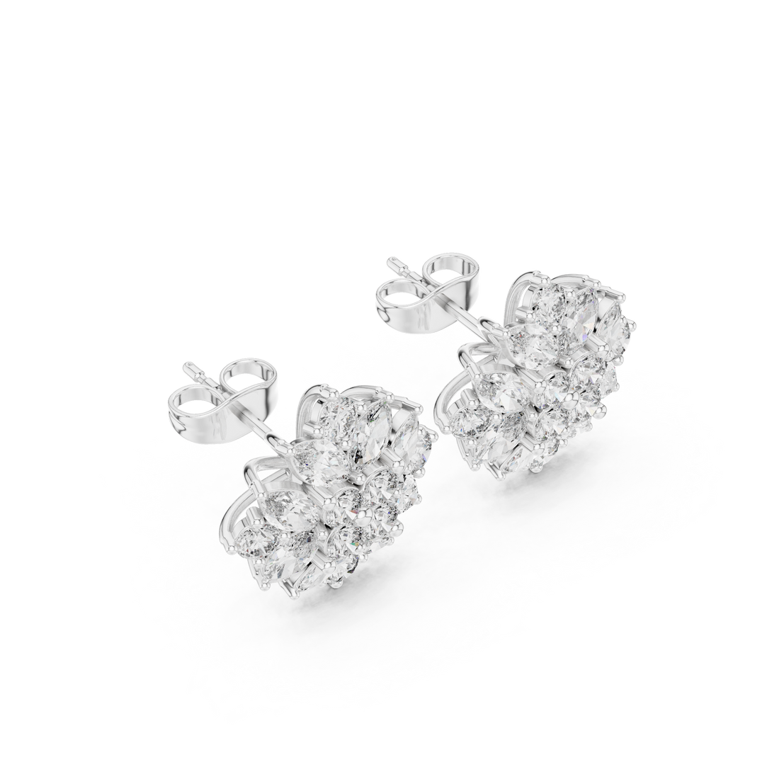 Sparkling marquise and round cut diamond floral stud earrings close-up