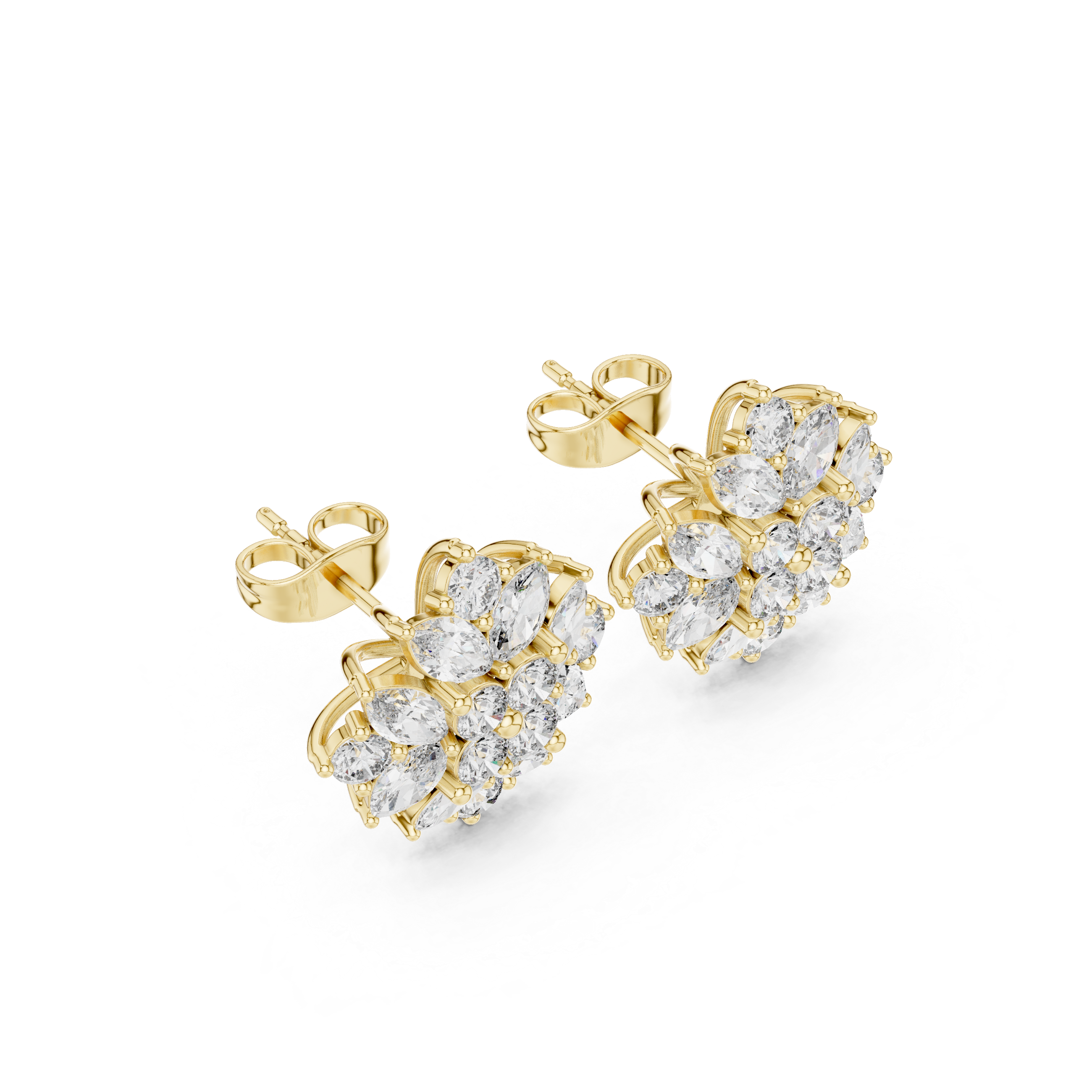 Brilliant marquise and round cut diamond floral stud earrings shine detail