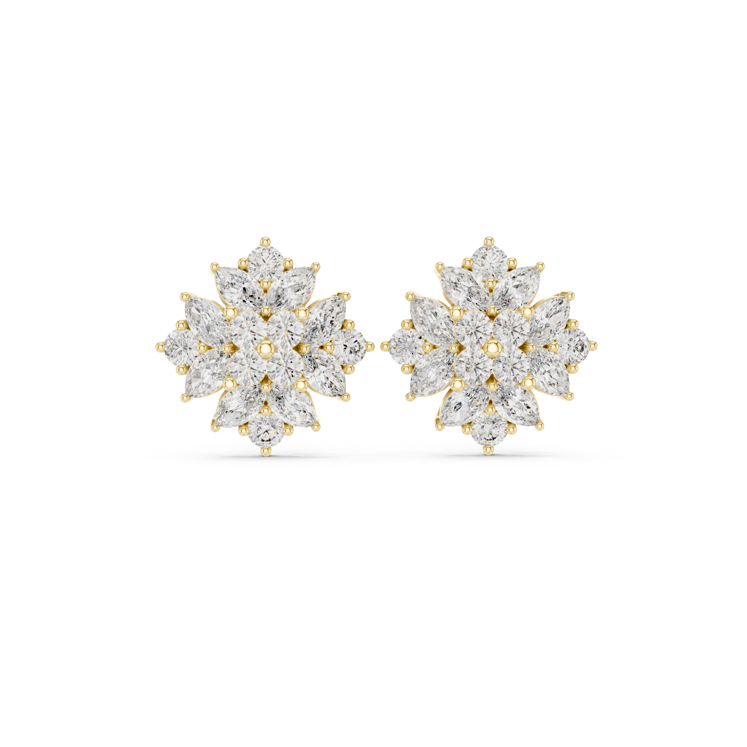 High shine marquise and round cut diamond floral cluster stud earrings