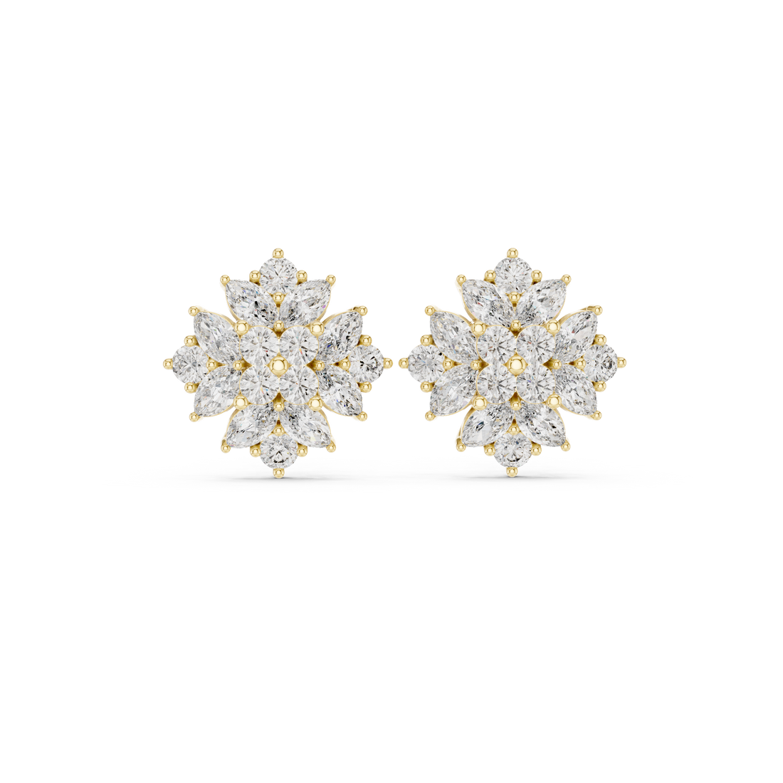 High shine marquise and round cut diamond floral cluster stud earrings