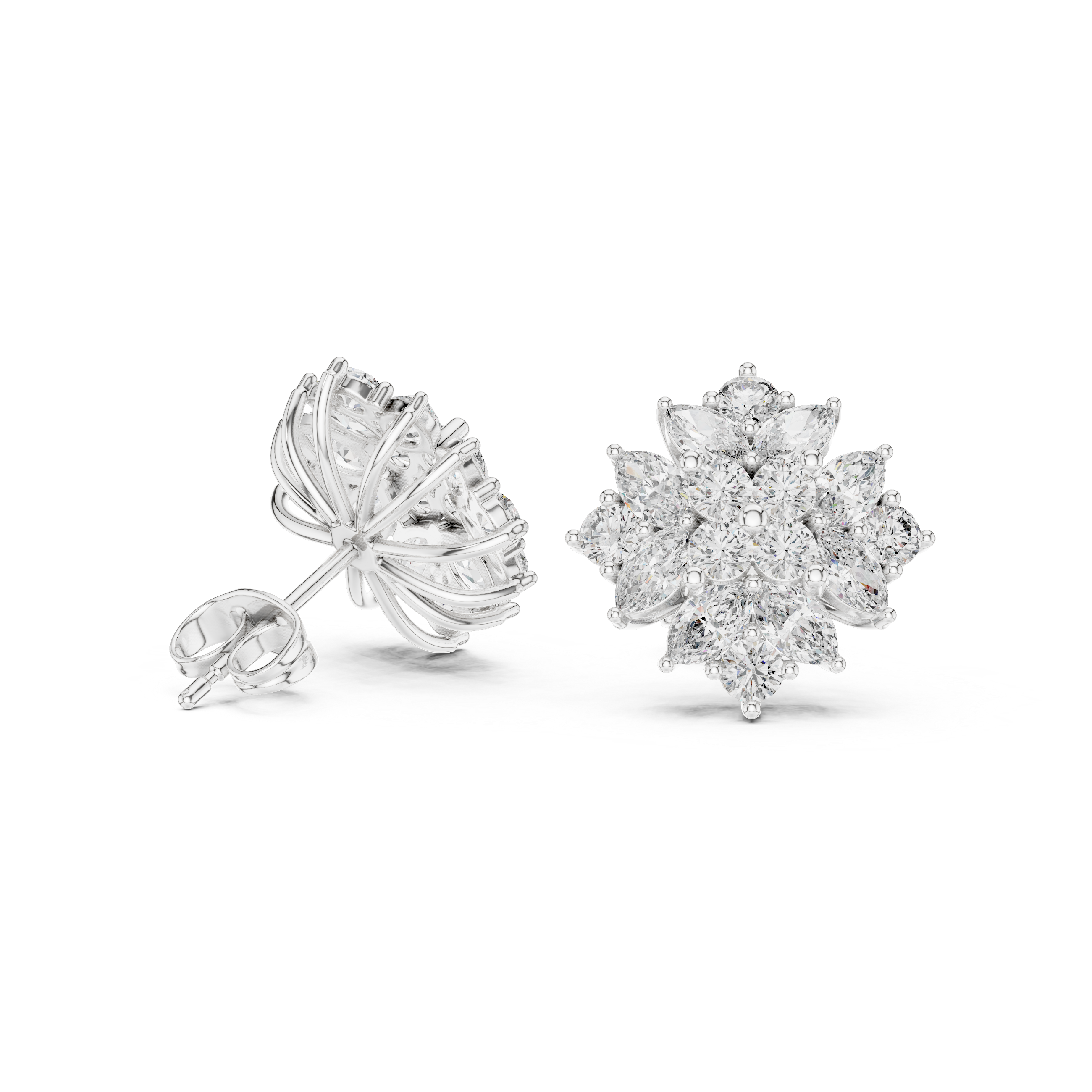 Close-up of marquise and round cut diamond floral cluster stud earrings detail