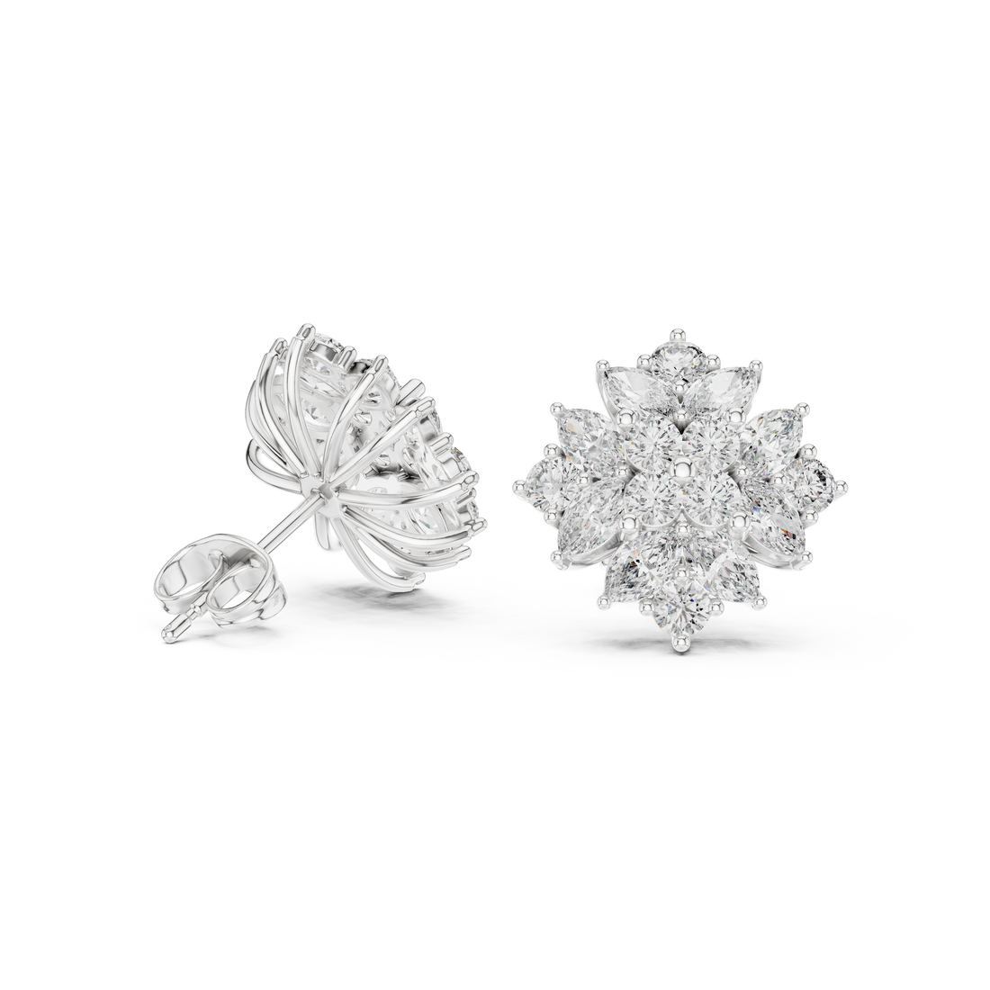 Close-up of marquise and round cut diamond floral cluster stud earrings detail