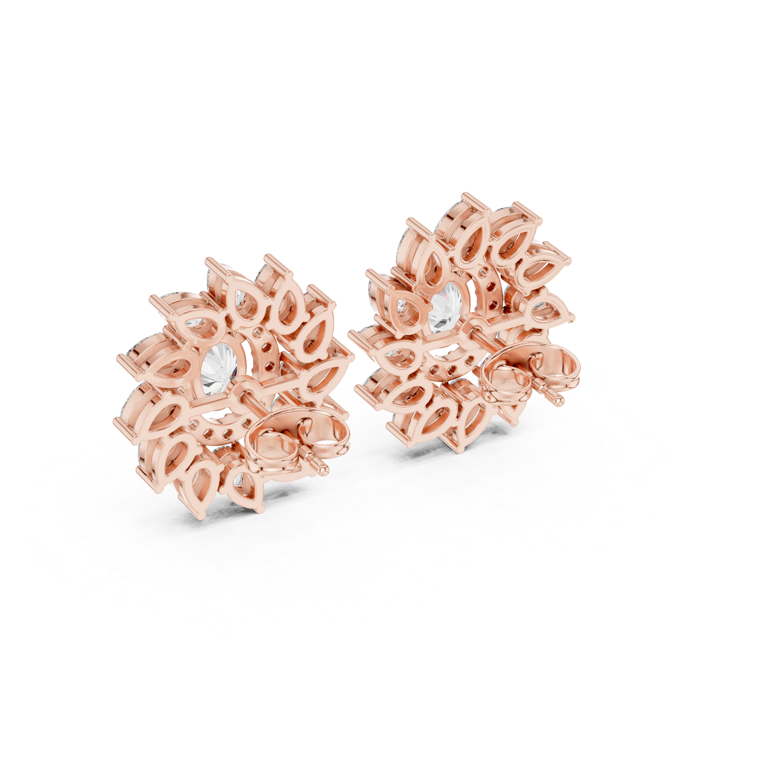 Elegant oval and marquise diamond floral halo stud earrings