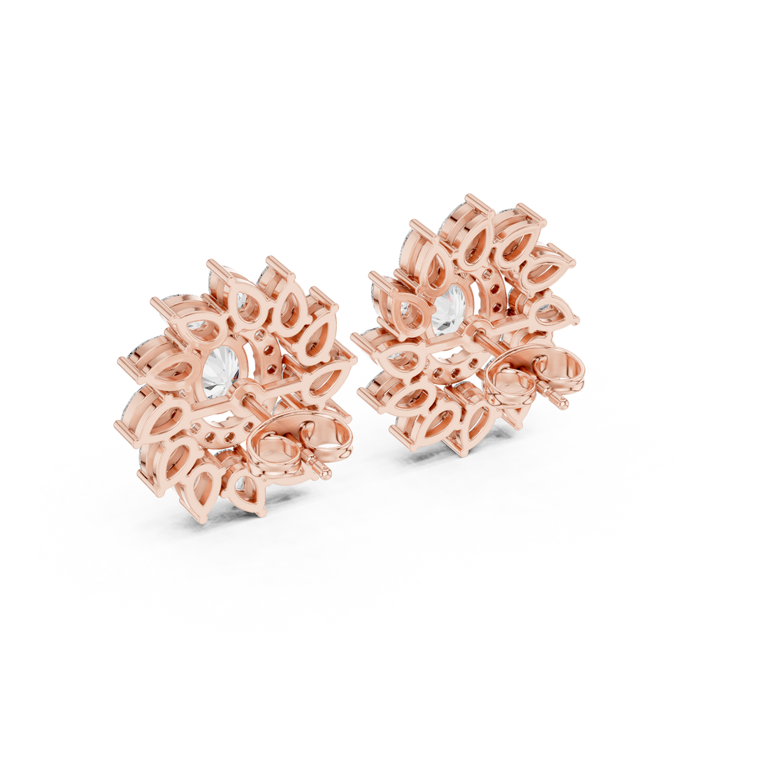 Elegant oval and marquise diamond floral halo stud earrings