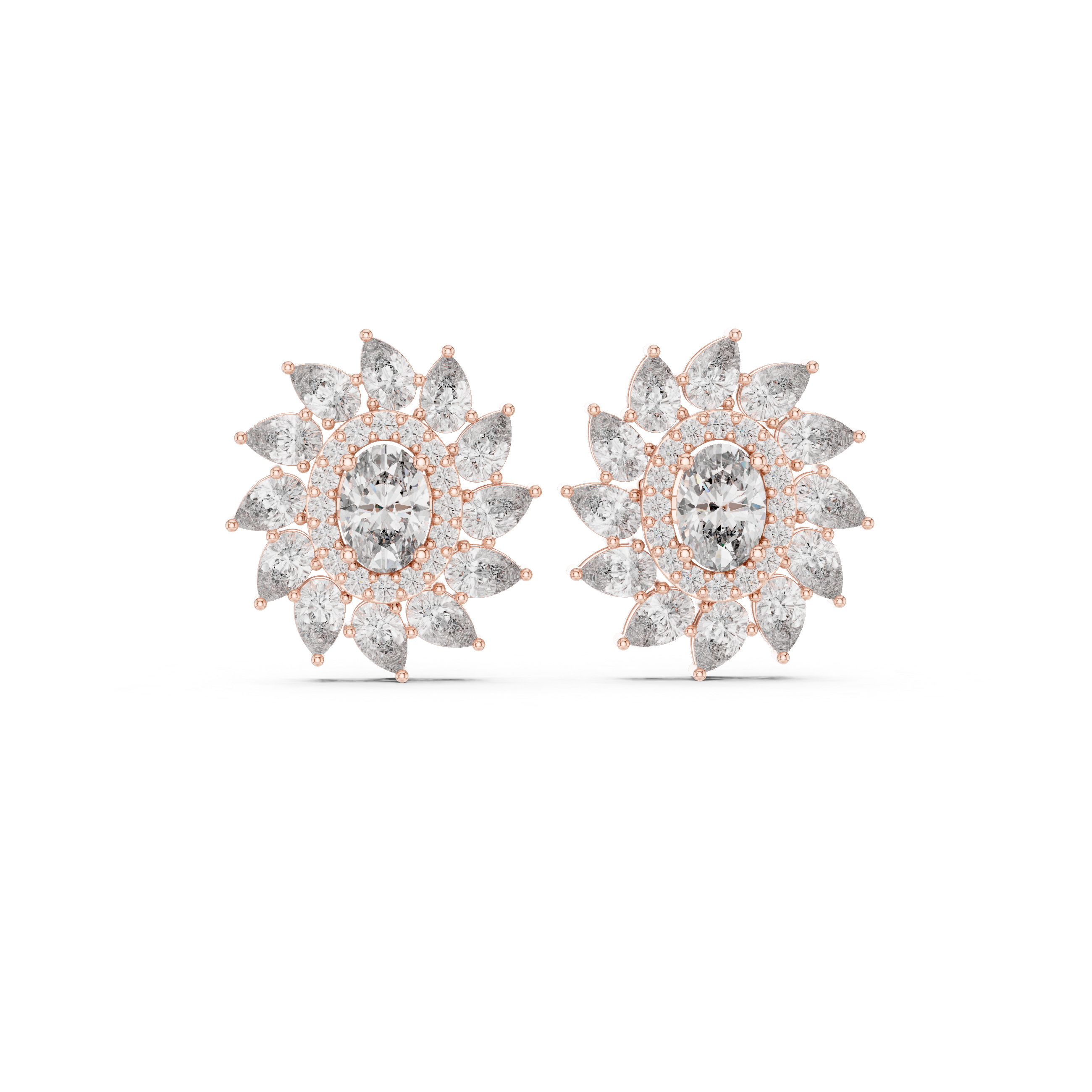 Oval and marquise diamond halo floral stud earrings