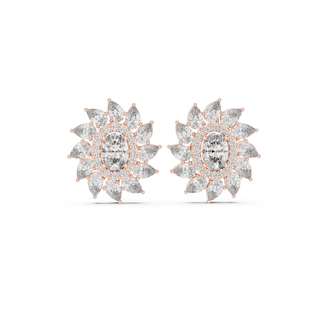 Oval and marquise diamond halo floral stud earrings