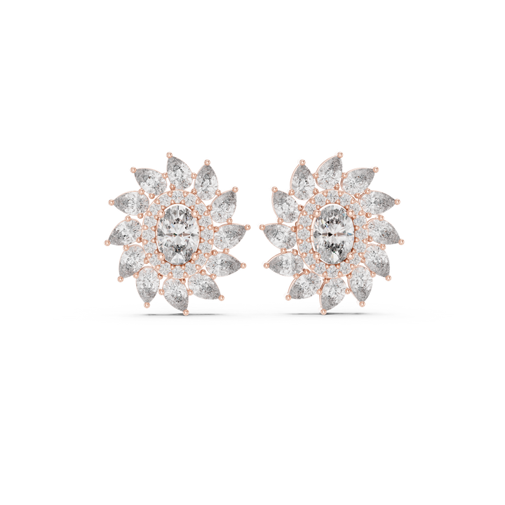 Oval and marquise diamond halo floral stud earrings