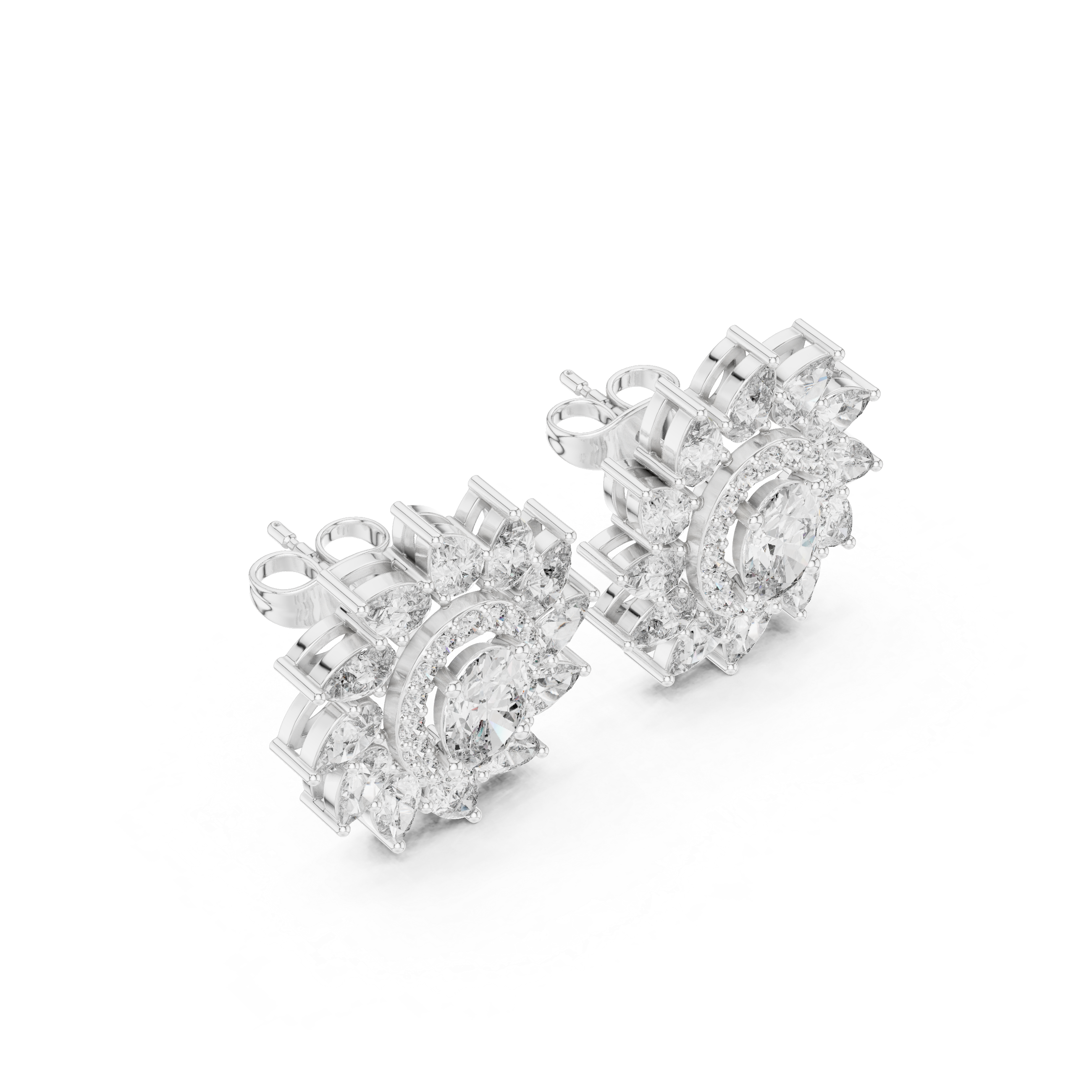Sparkling oval and marquise diamond halo floral stud earrings close-up