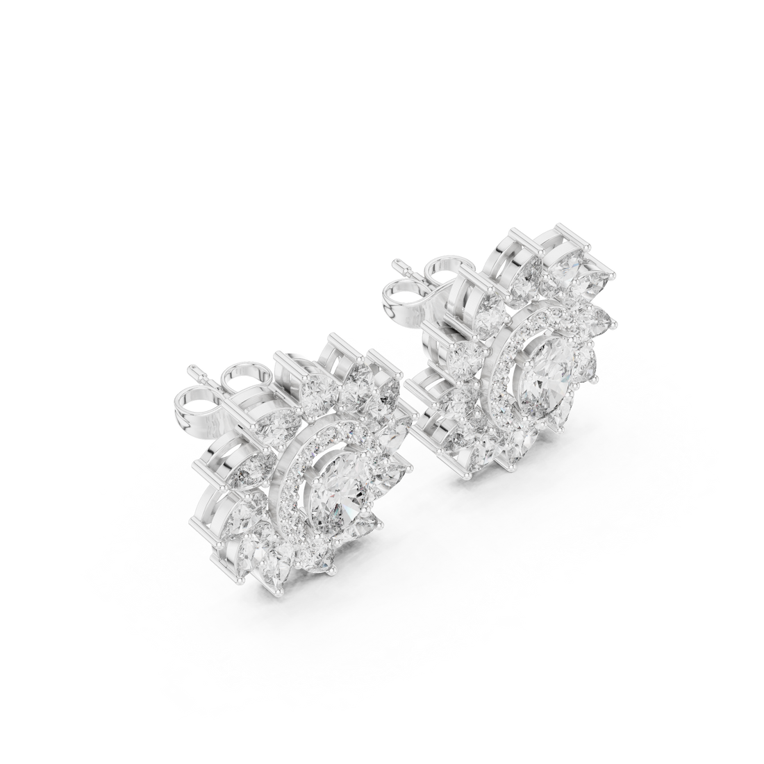 Sparkling oval and marquise diamond halo floral stud earrings close-up