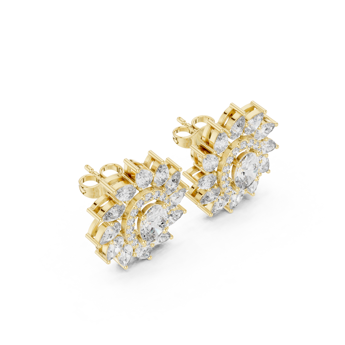 Brilliant oval and marquise diamond floral halo stud earrings shine detail