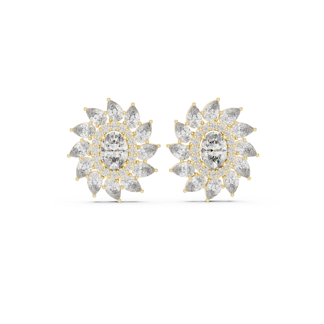 High shine oval and marquise diamond floral halo stud earrings