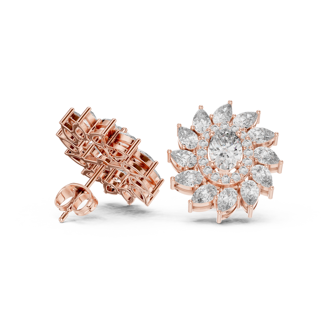 Timeless oval and marquise diamond halo floral stud earrings elegant look
