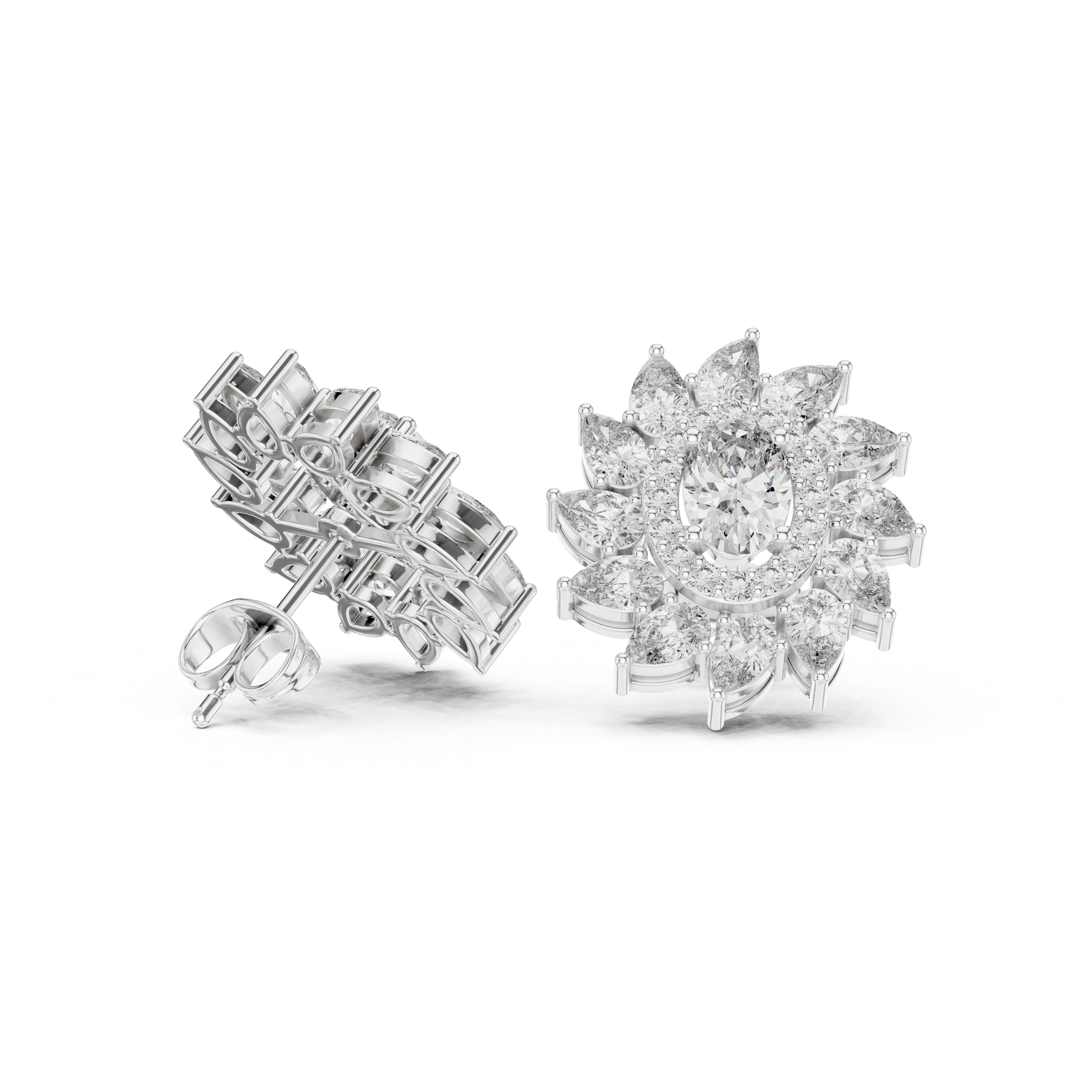 Close-up of oval and marquise diamond floral halo stud earrings detail
