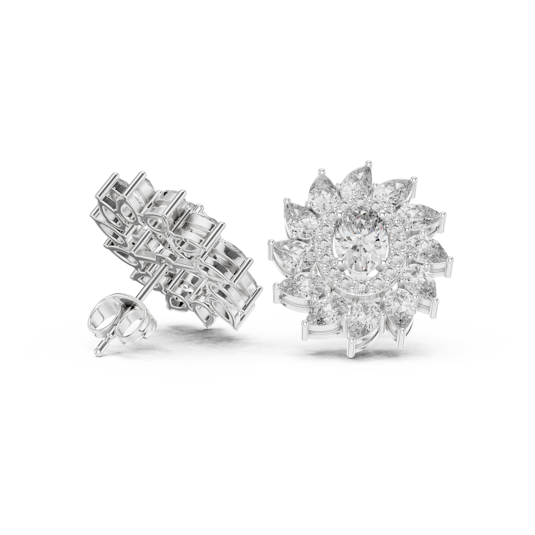 Close-up of oval and marquise diamond floral halo stud earrings detail