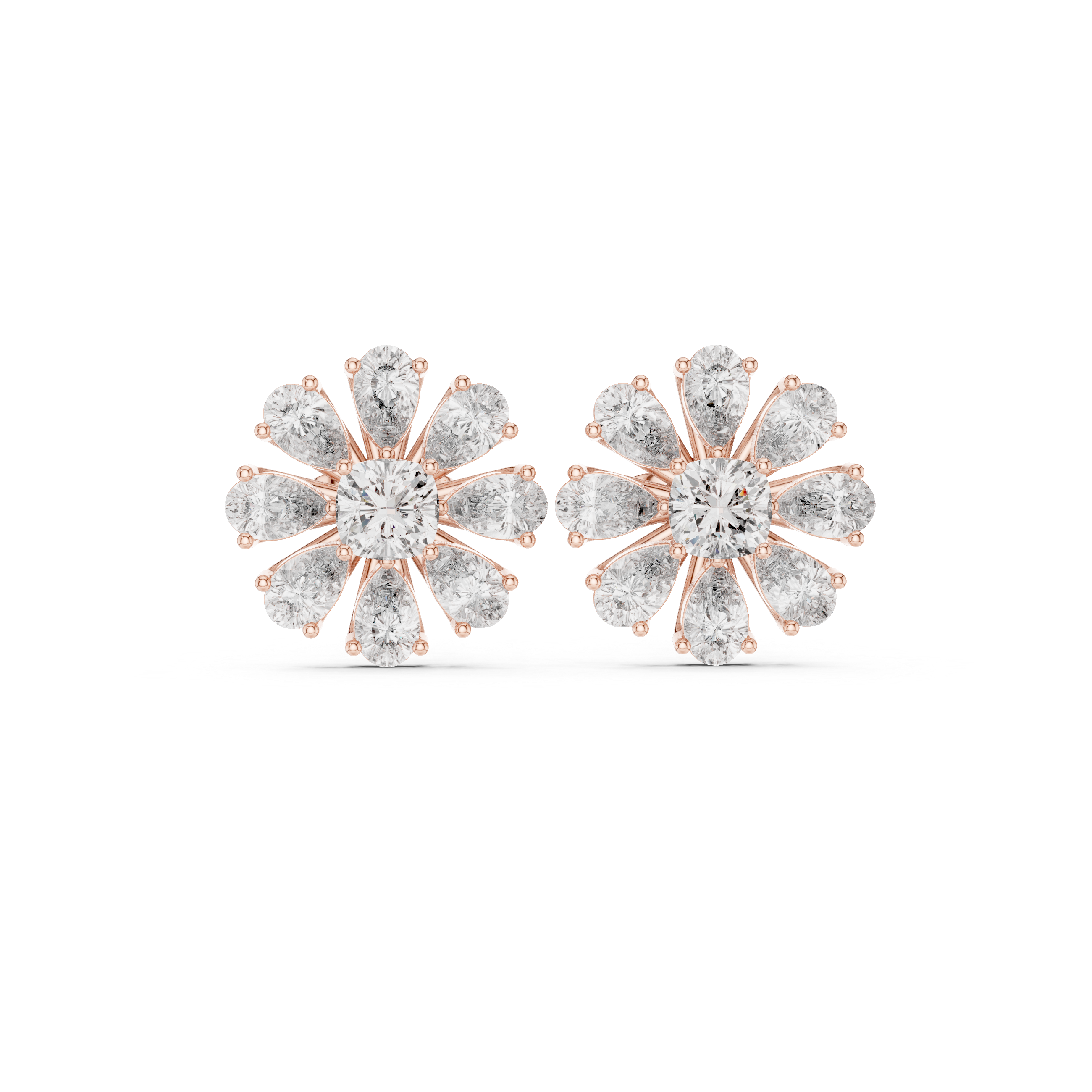 Pear and cushion diamond floral cluster stud earrings