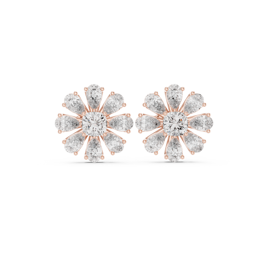 Pear and cushion diamond floral cluster stud earrings