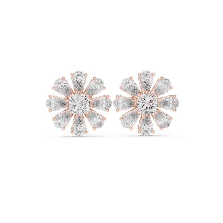 Pear and cushion diamond floral cluster stud earrings