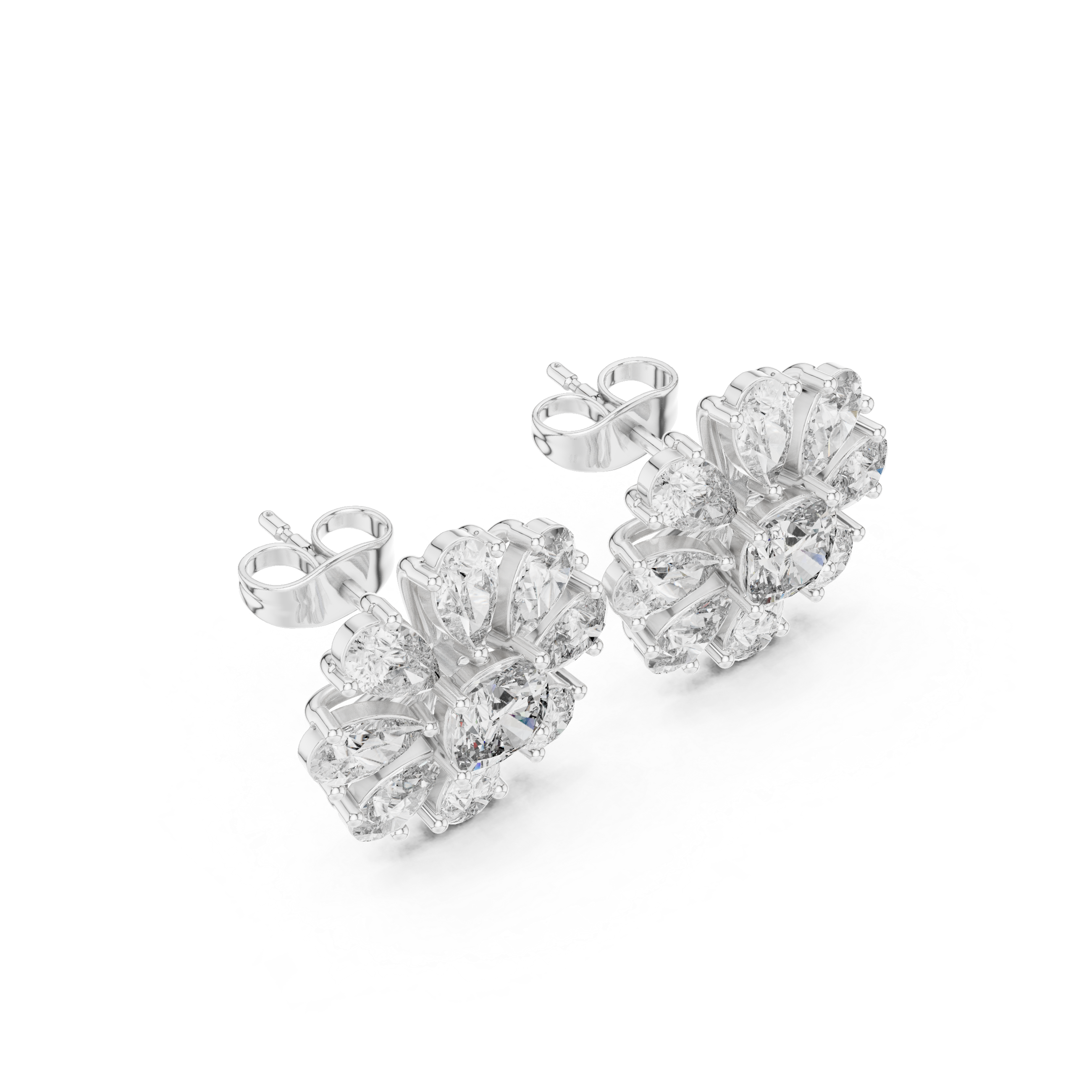 Sparkling pear and cushion diamond floral stud earrings close-up