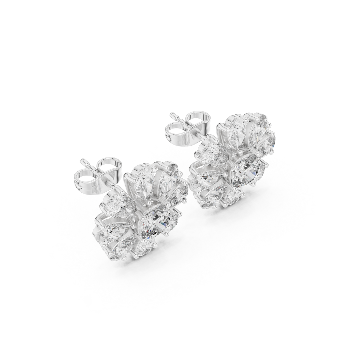 Sparkling pear and cushion diamond floral stud earrings close-up